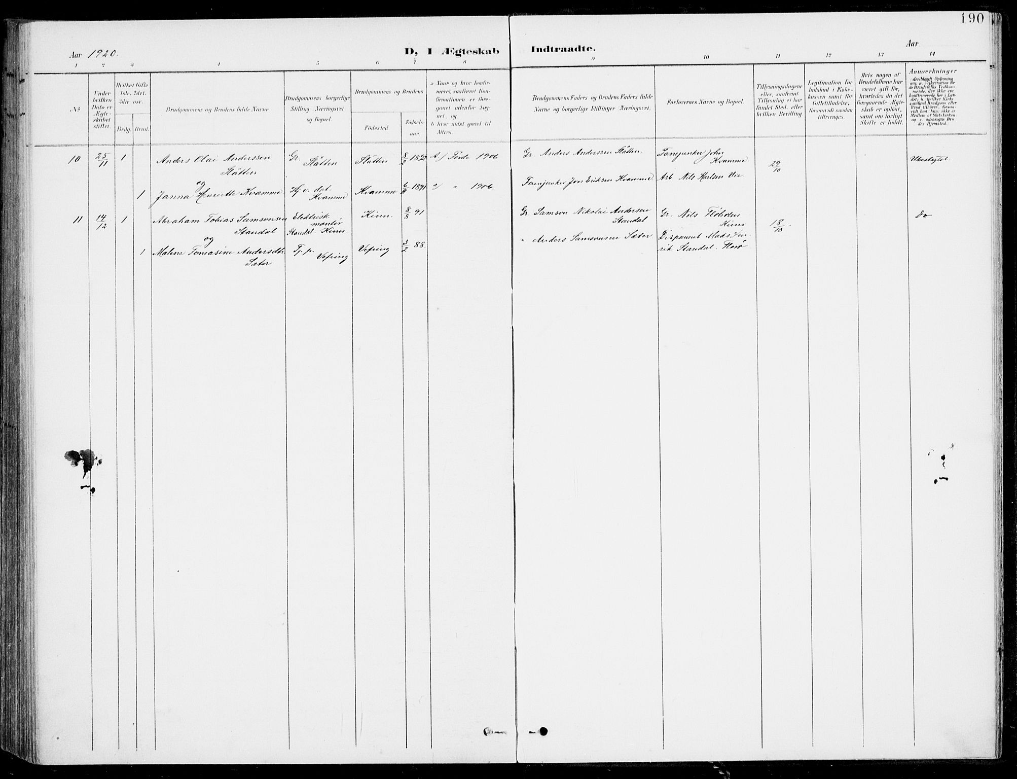 Førde sokneprestembete, SAB/A-79901/H/Haa/Haab/L0002: Parish register (official) no. B  2, 1899-1920, p. 190