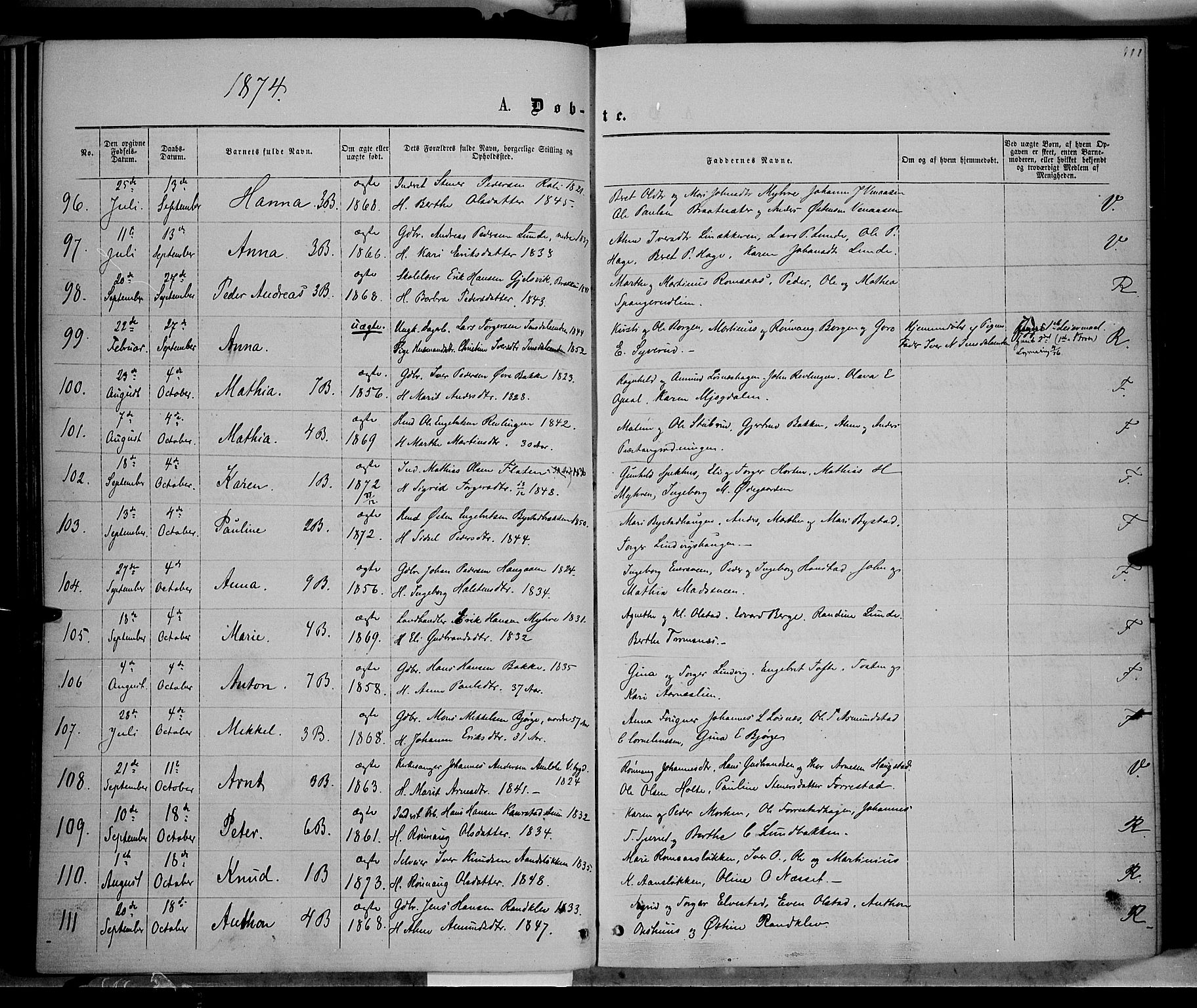 Ringebu prestekontor, AV/SAH-PREST-082/H/Ha/Haa/L0007: Parish register (official) no. 7, 1860-1877, p. 111