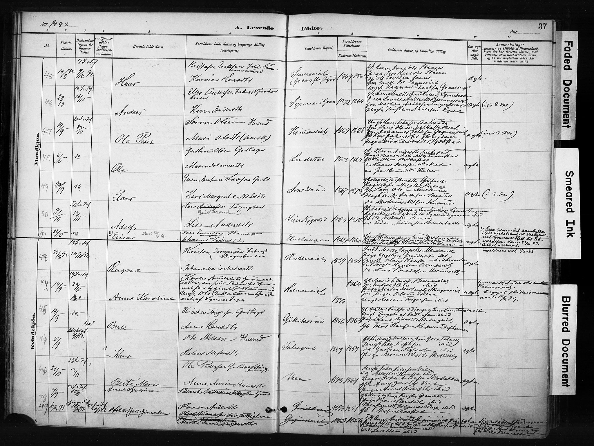 Gran prestekontor, SAH/PREST-112/H/Ha/Haa/L0017: Parish register (official) no. 17, 1889-1897, p. 37