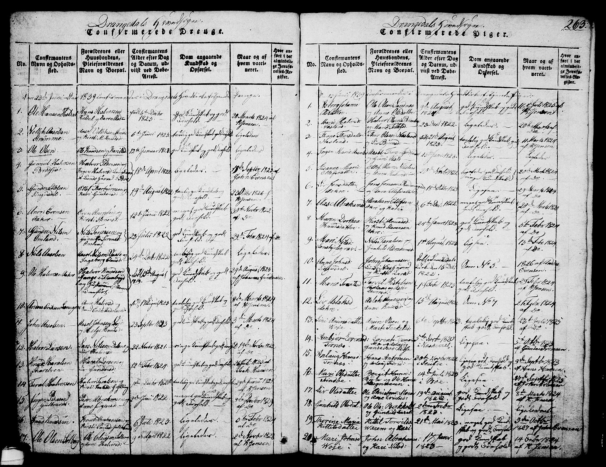 Drangedal kirkebøker, AV/SAKO-A-258/G/Ga/L0001: Parish register (copy) no. I 1 /1, 1814-1856, p. 263