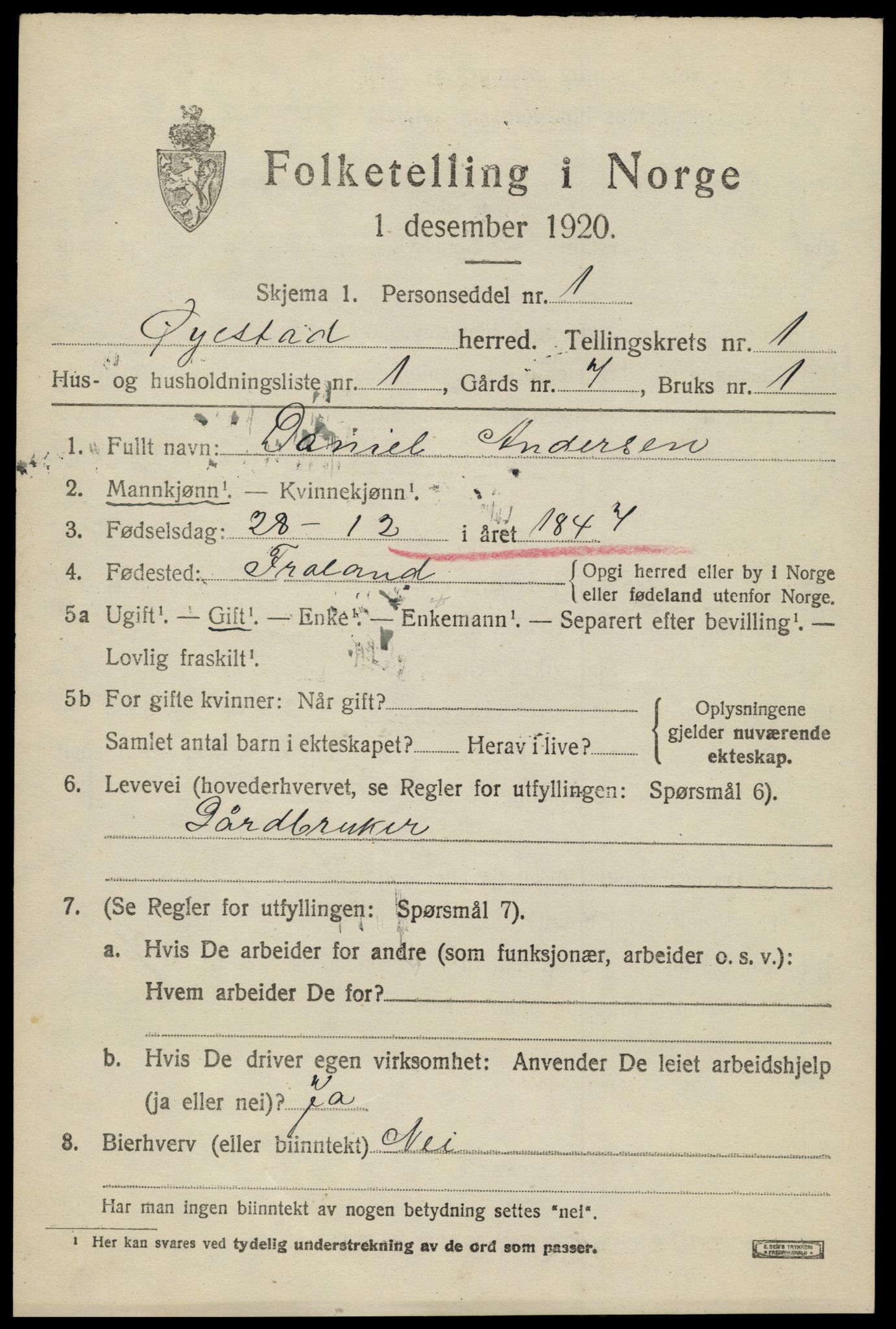 SAK, 1920 census for Øyestad, 1920, p. 1858