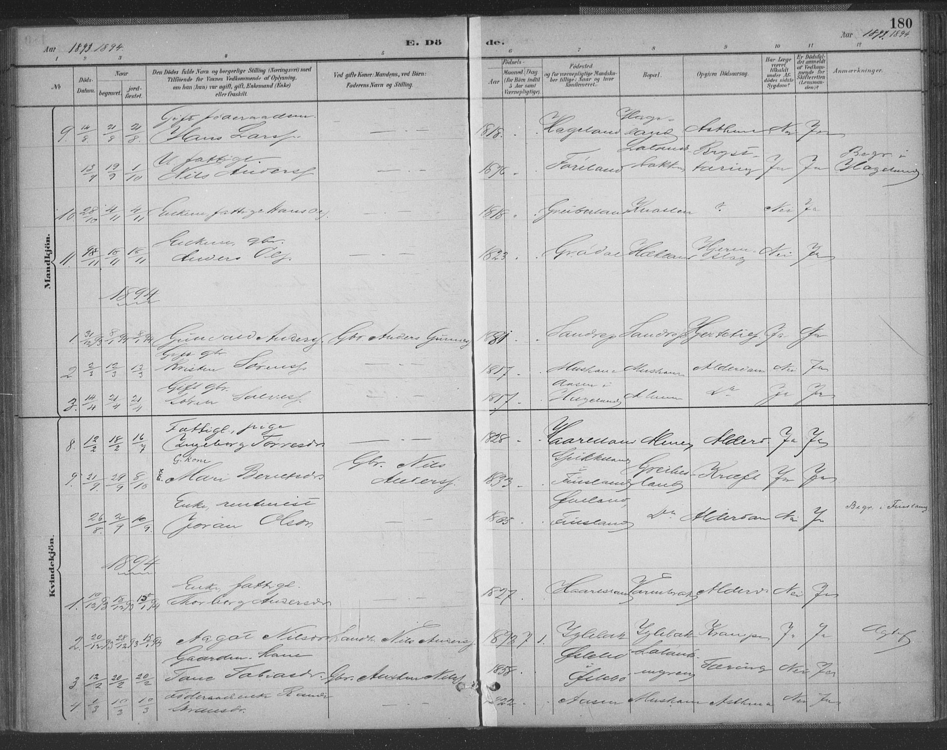 Vennesla sokneprestkontor, AV/SAK-1111-0045/Fa/Fac/L0009: Parish register (official) no. A 9, 1884-1901, p. 180