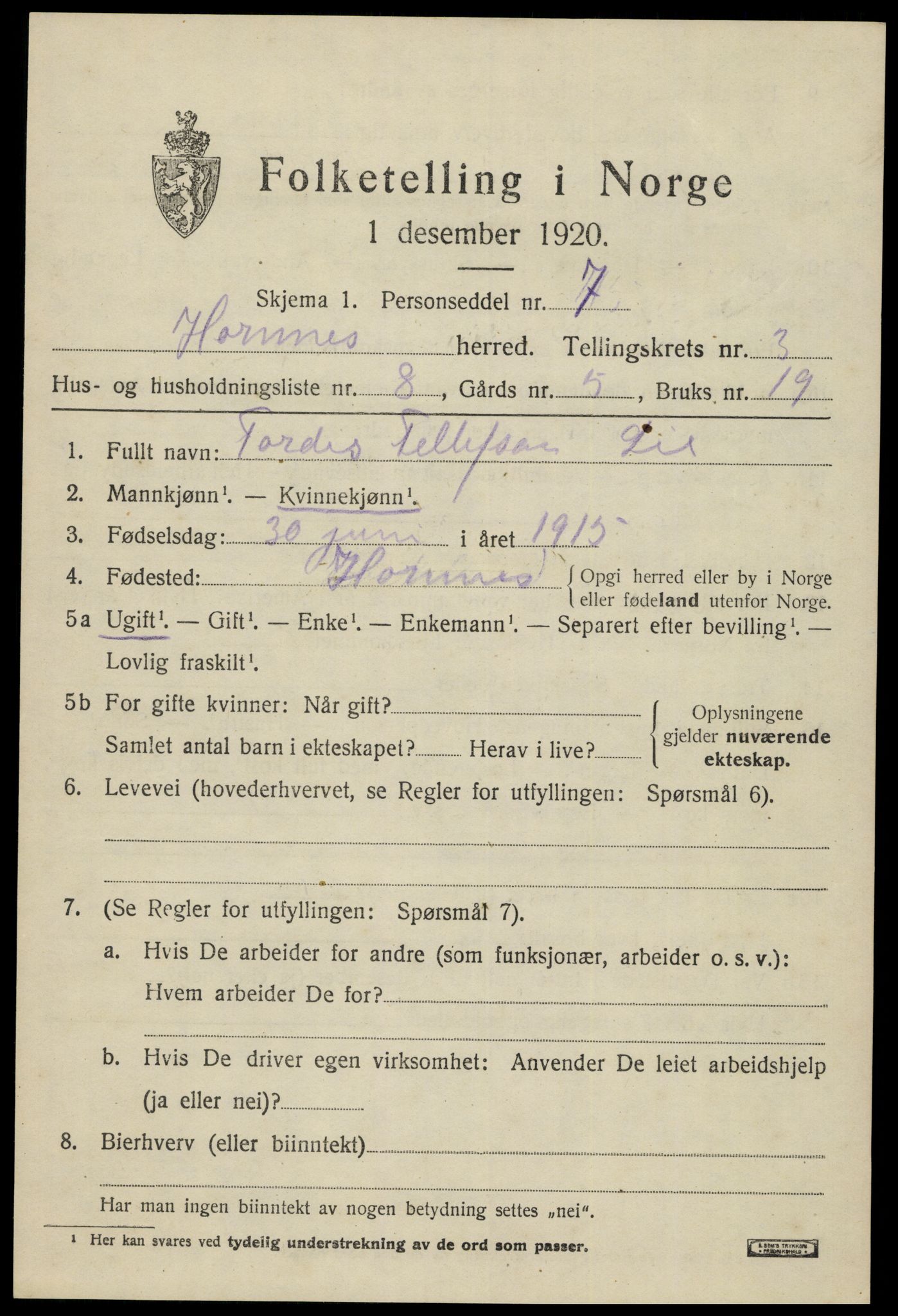 SAK, 1920 census for Hornnes, 1920, p. 891