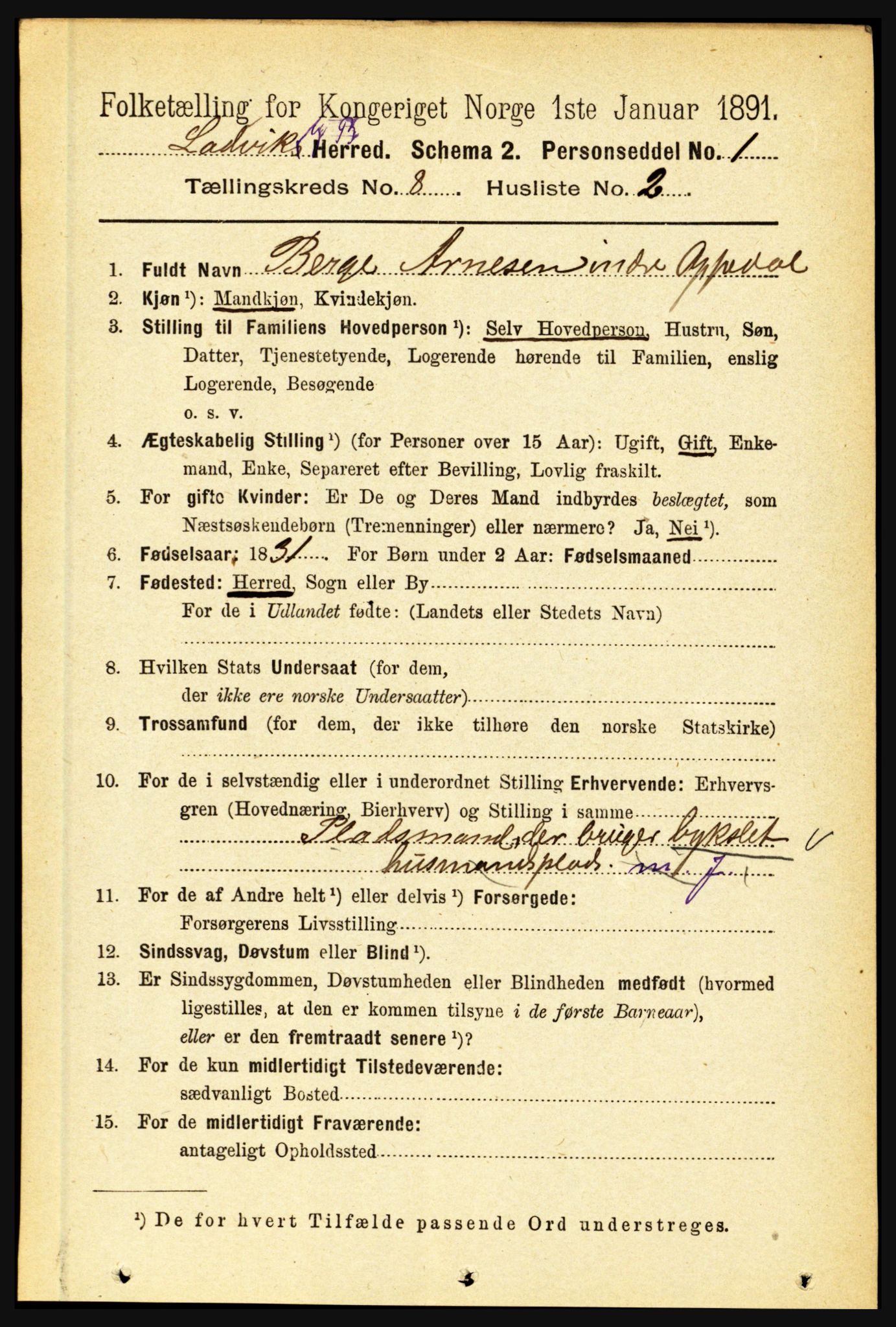 RA, 1891 census for 1415 Lavik og Brekke, 1891, p. 1504