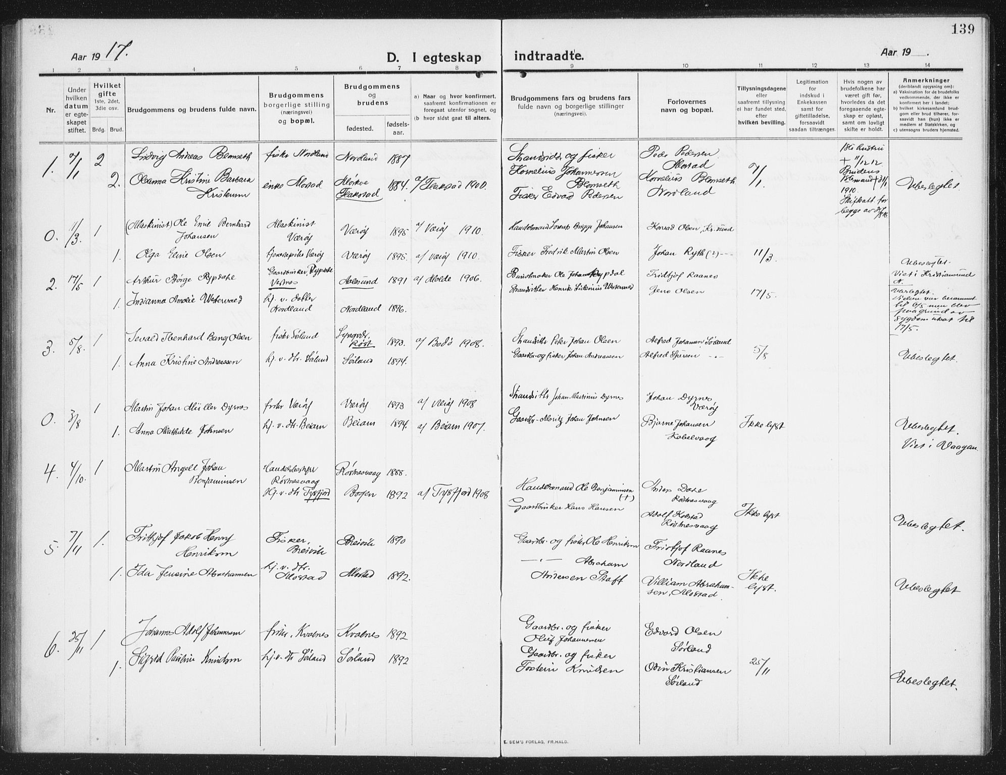 Ministerialprotokoller, klokkerbøker og fødselsregistre - Nordland, AV/SAT-A-1459/807/L0124: Parish register (copy) no. 807C02, 1910-1935, p. 139