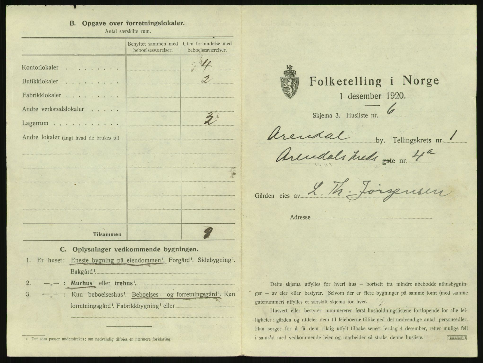 SAK, 1920 census for Arendal, 1920, p. 94