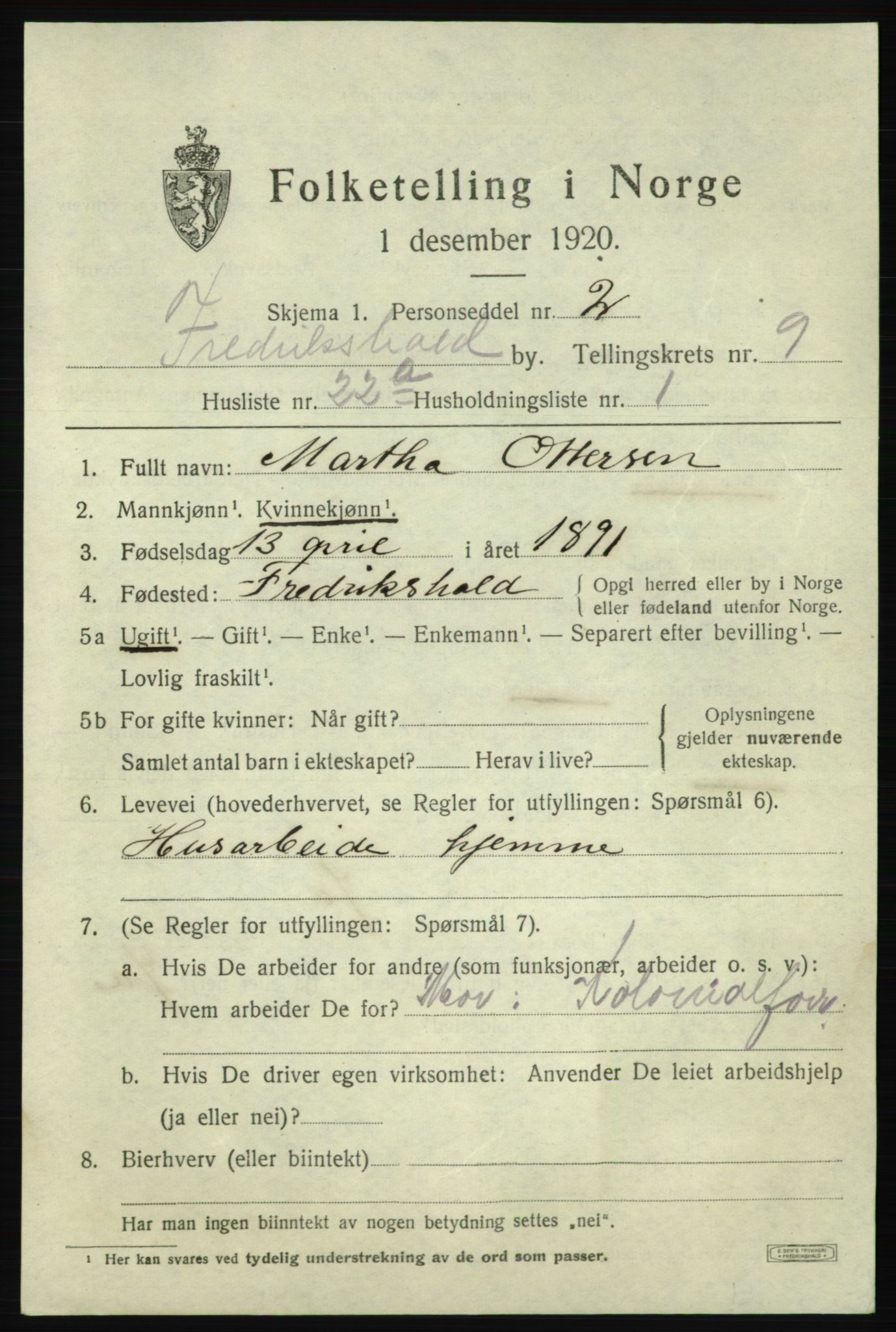 SAO, 1920 census for Fredrikshald, 1920, p. 16231