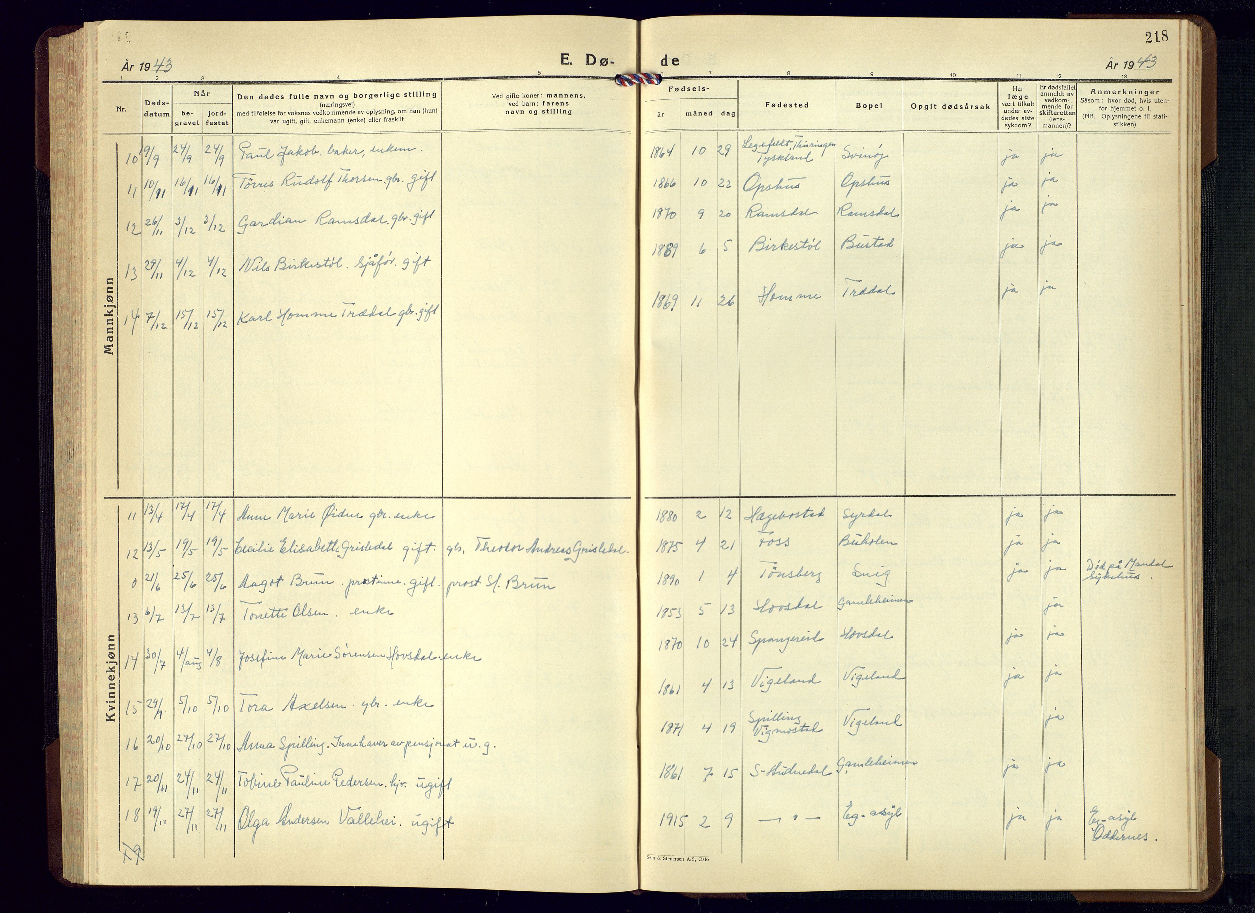 Sør-Audnedal sokneprestkontor, AV/SAK-1111-0039/F/Fb/Fbb/L0007: Parish register (copy) no. B-7, 1939-1965, p. 218