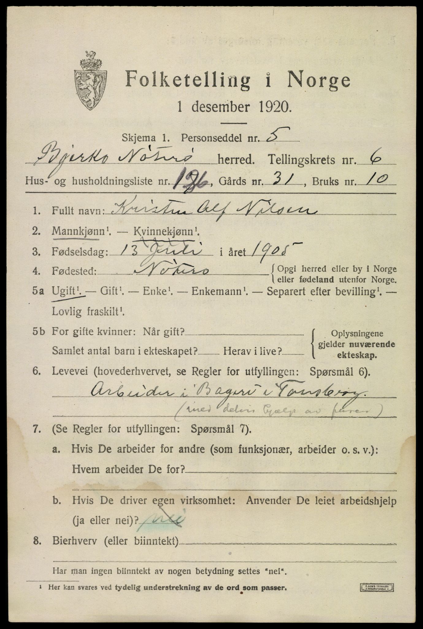 SAKO, 1920 census for Nøtterøy, 1920, p. 9455
