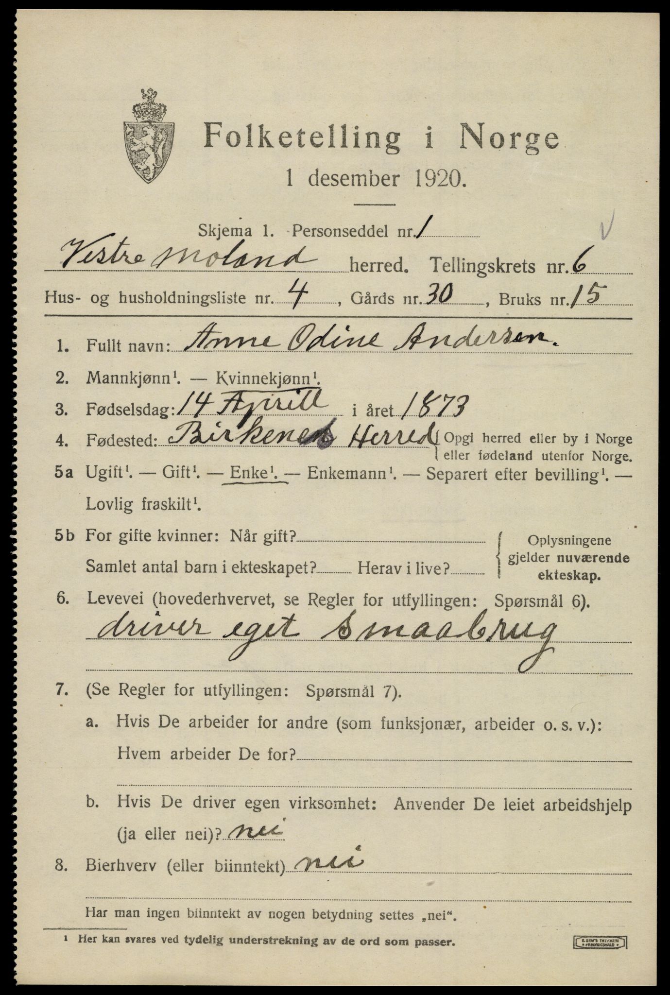 SAK, 1920 census for Vestre Moland, 1920, p. 4621