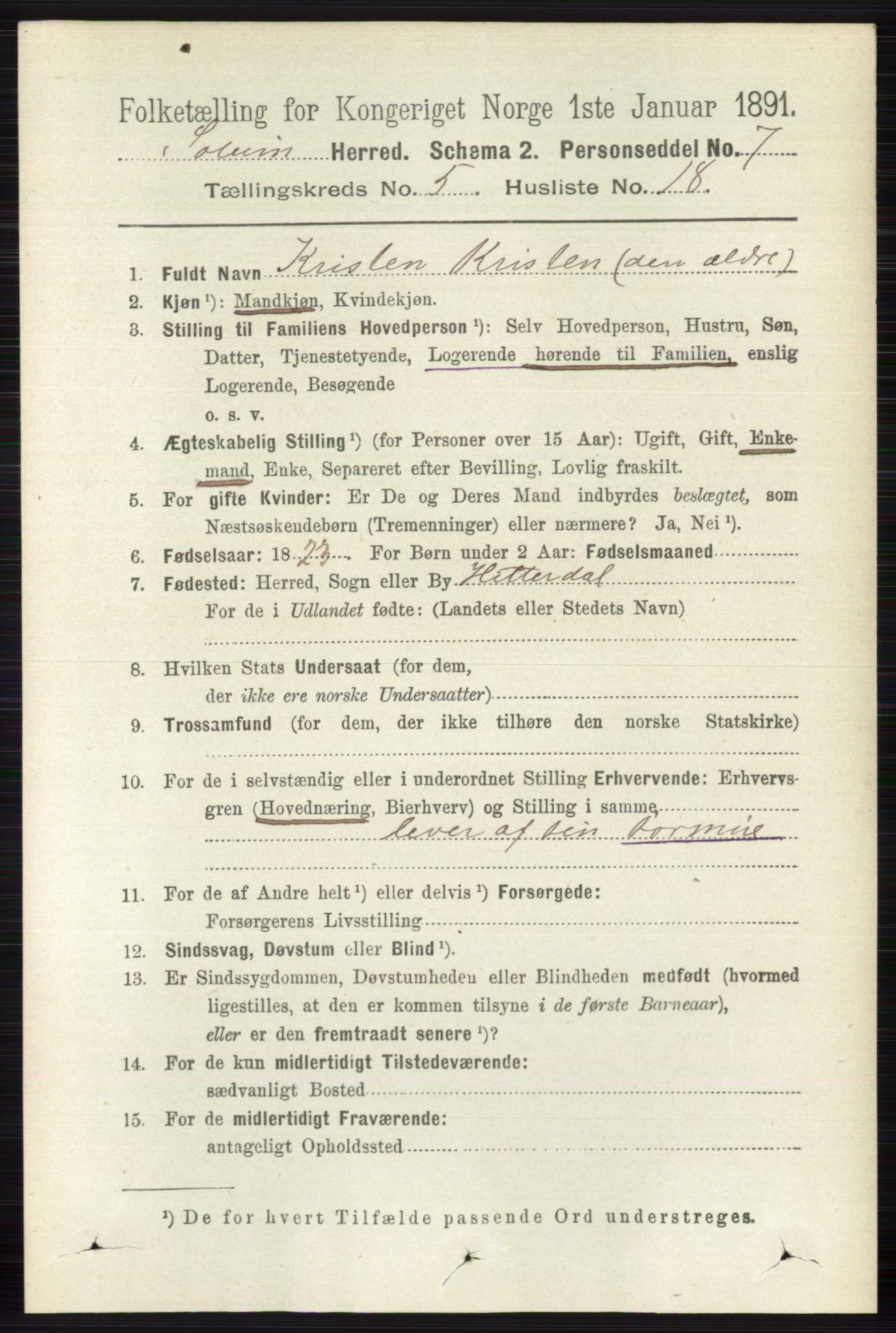 RA, 1891 census for 0818 Solum, 1891, p. 947