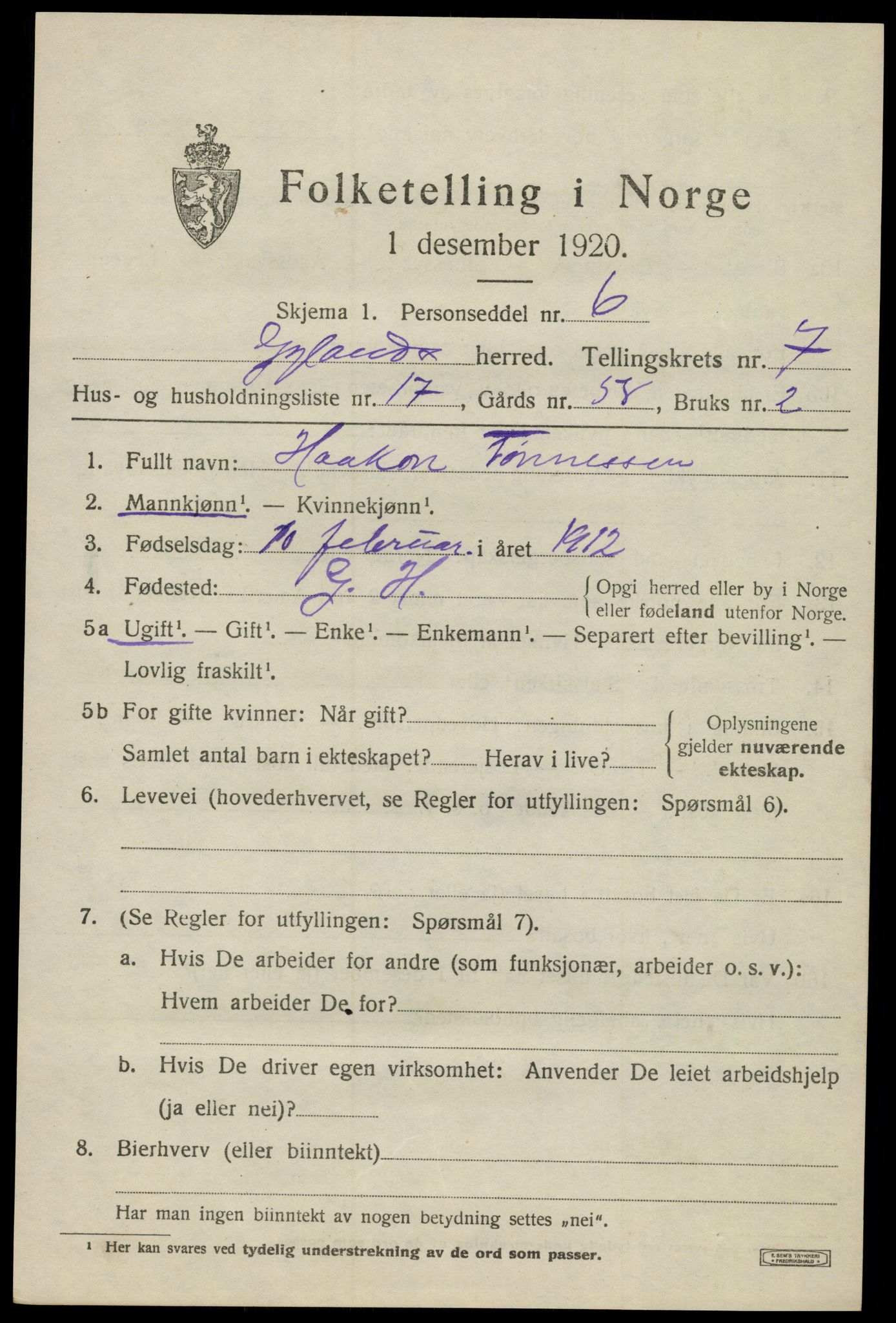 SAK, 1920 census for Gyland, 1920, p. 1634