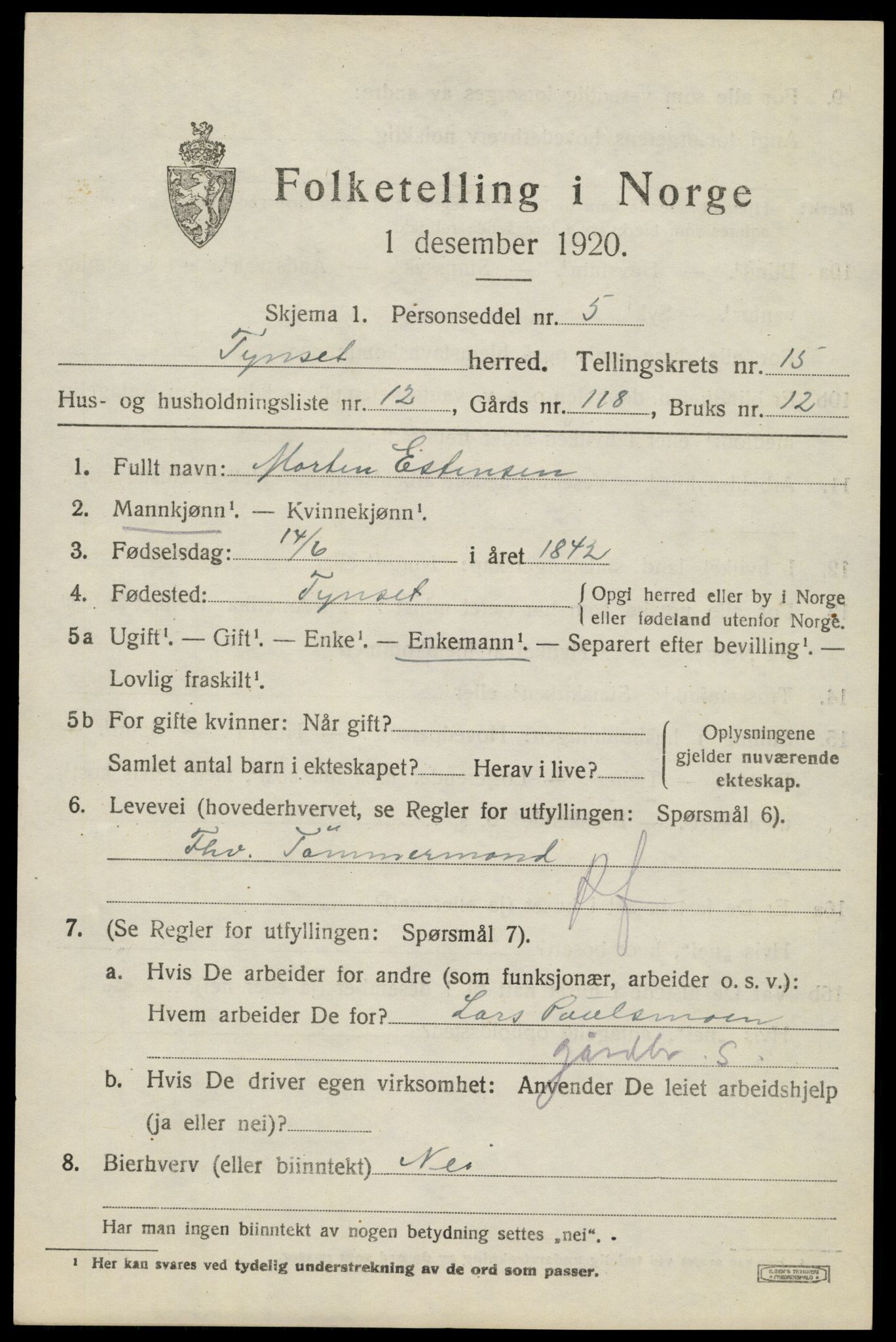 SAH, 1920 census for Tynset, 1920, p. 9364