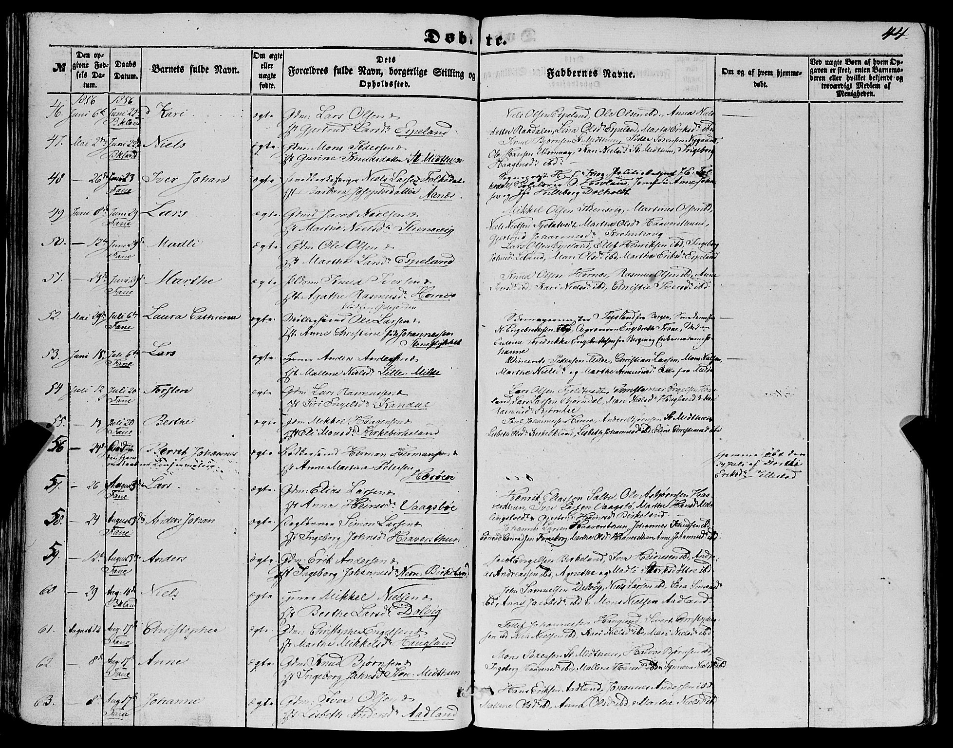 Fana Sokneprestembete, AV/SAB-A-75101/H/Haa/Haaa/L0011: Parish register (official) no. A 11, 1851-1862, p. 44