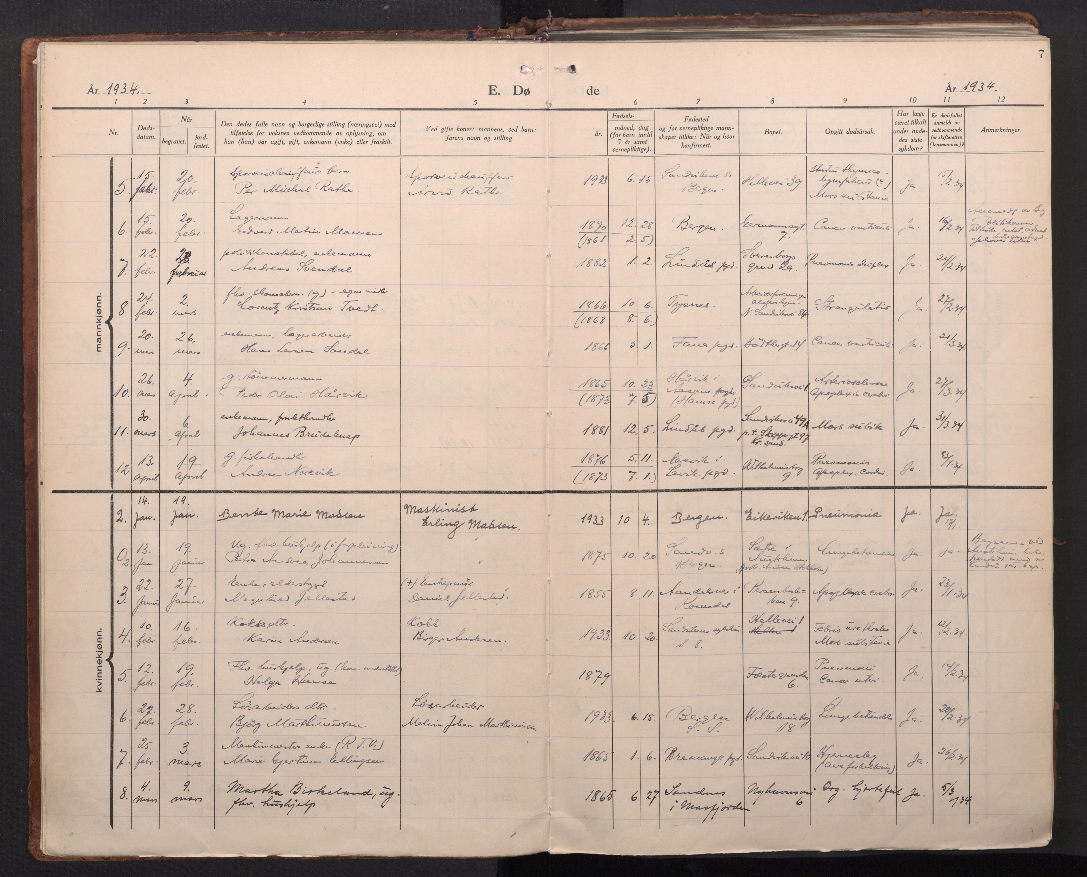 Sandviken Sokneprestembete, AV/SAB-A-77601/H/Ha/L0020: Parish register (official) no. E 3, 1933-1962, p. 7