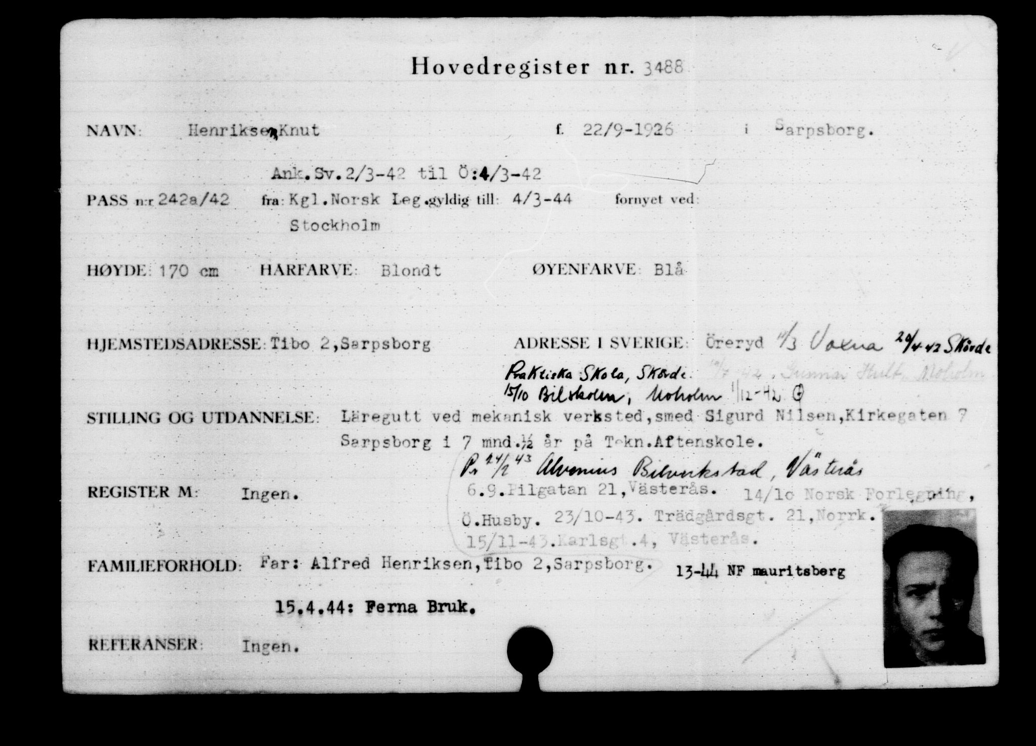 Utenriksstasjonene, Legasjonen i Stockholm, Flyktningkontoret, AV/RA-S-6753/V/Va/L0003: Kjesäterkartoteket, flyktninger med registreringsnr. 2001-3495, 1940-1945, p. 2002