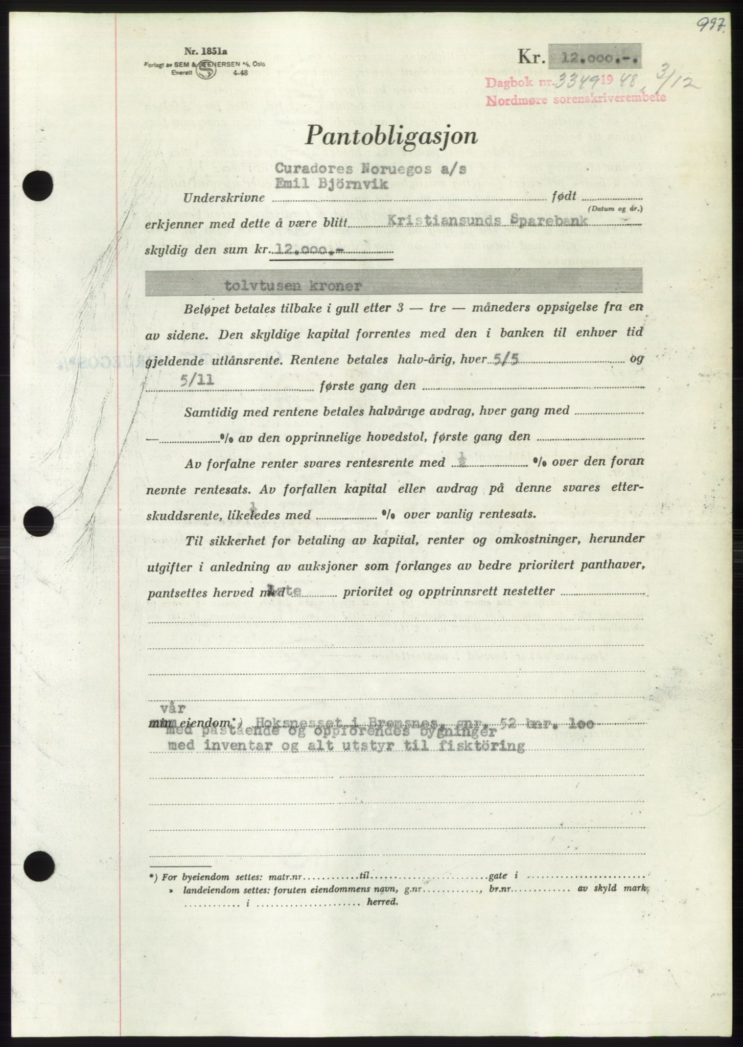 Nordmøre sorenskriveri, AV/SAT-A-4132/1/2/2Ca: Mortgage book no. B100, 1948-1949, Diary no: : 3349/1948