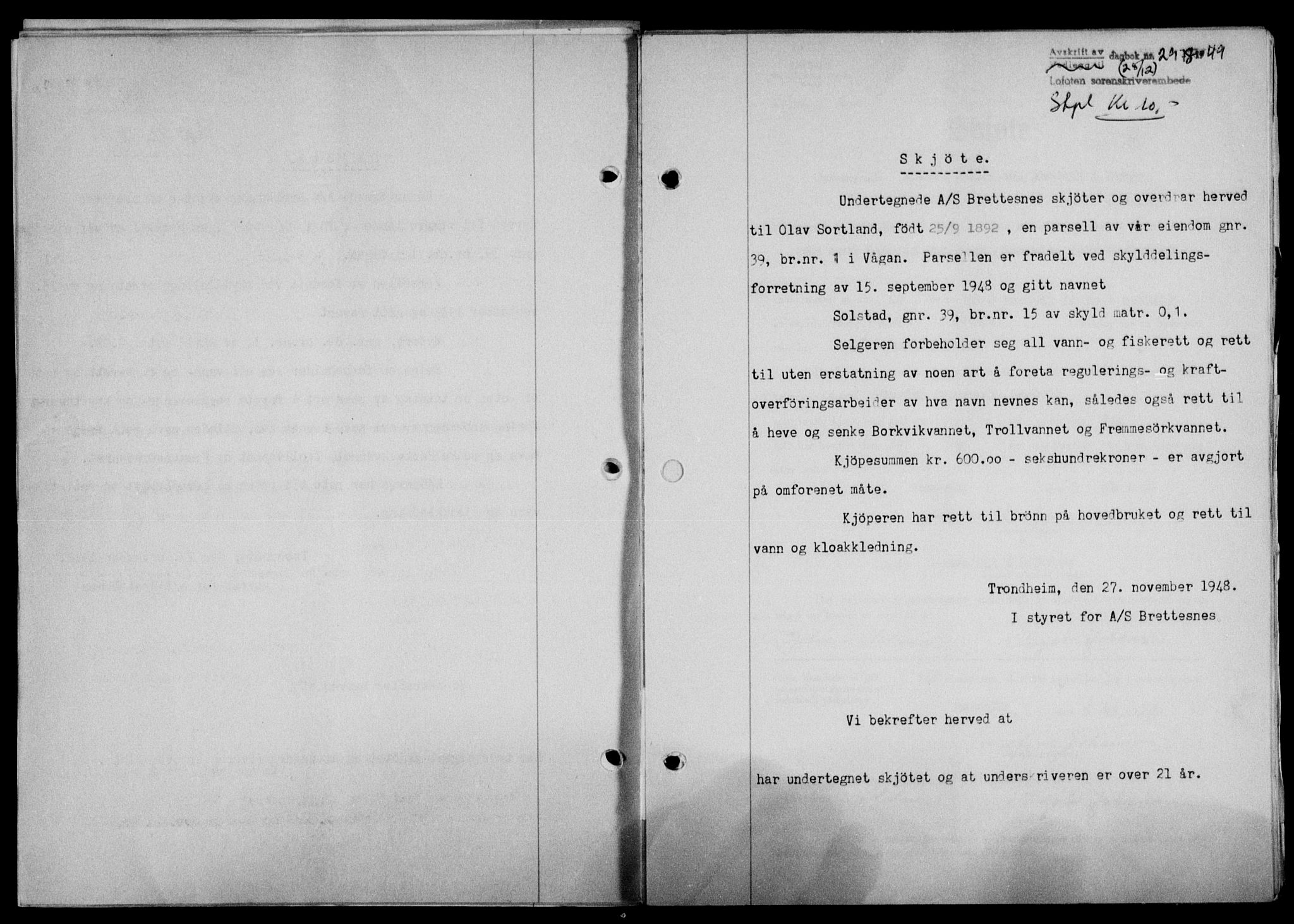 Lofoten sorenskriveri, SAT/A-0017/1/2/2C/L0020a: Mortgage book no. 20a, 1948-1949, Diary no: : 2978/1948