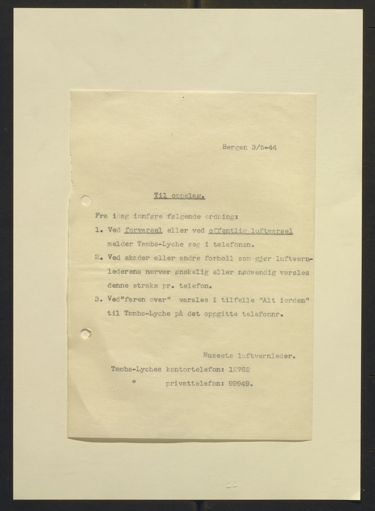 Bergens Museum, AV/SAB-A-17301/02/L/L0001: Luftvernsikring, korrespondanse , 1942-1945, p. 186