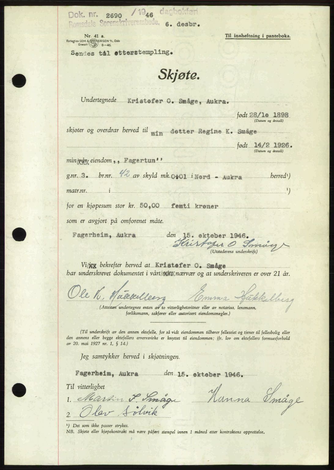 Romsdal sorenskriveri, AV/SAT-A-4149/1/2/2C: Mortgage book no. A21, 1946-1946, Diary no: : 2690/1946