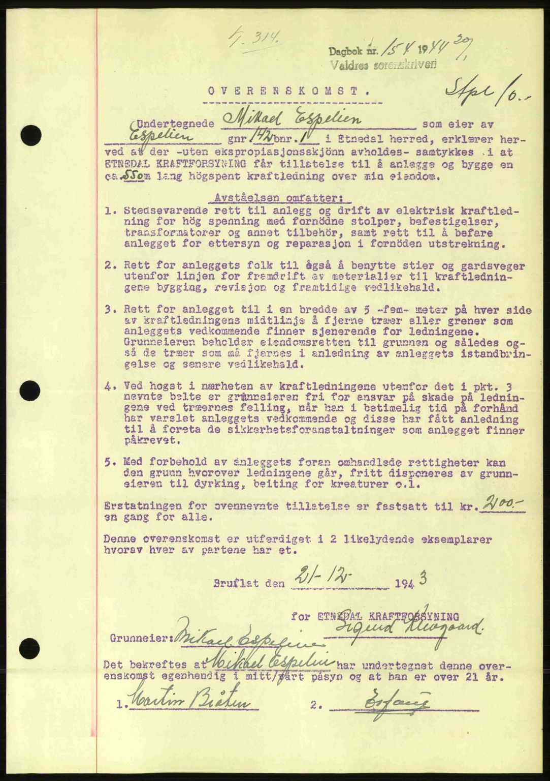 Valdres sorenskriveri, AV/SAH-TING-016/H/Hb/Hbc/L0014: Mortgage book no. B14, 1943-1944, Diary no: : 154/1944