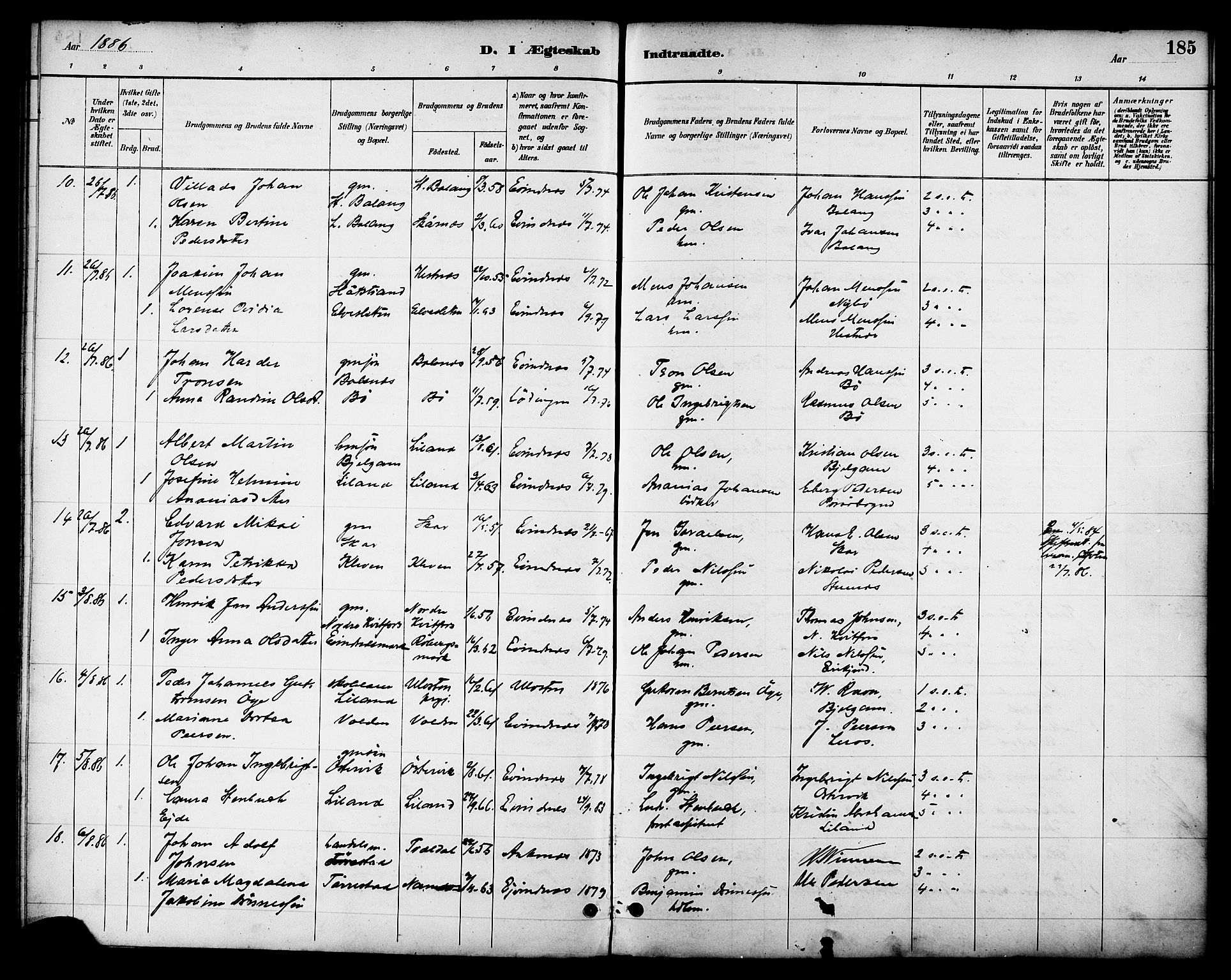 Ministerialprotokoller, klokkerbøker og fødselsregistre - Nordland, AV/SAT-A-1459/863/L0898: Parish register (official) no. 863A10, 1886-1897, p. 185