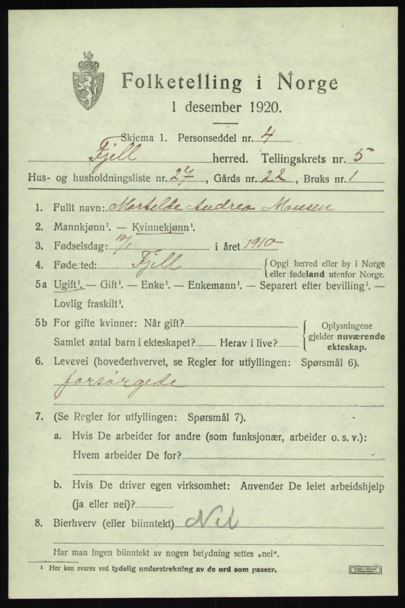 SAB, 1920 census for Fjell, 1920, p. 4824