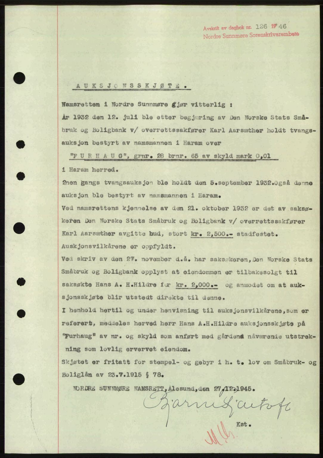 Nordre Sunnmøre sorenskriveri, AV/SAT-A-0006/1/2/2C/2Ca: Mortgage book no. A20b, 1946-1946, Diary no: : 126/1946