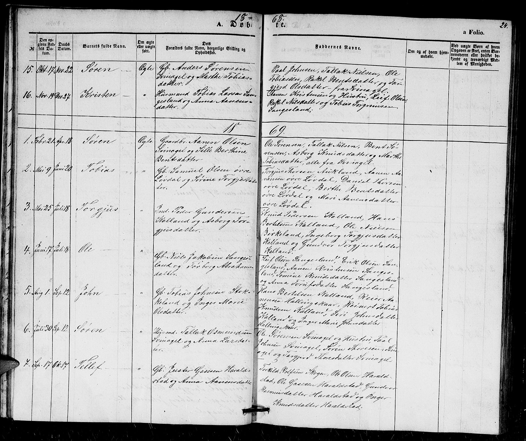 Holum sokneprestkontor, SAK/1111-0022/F/Fb/Fbb/L0002: Parish register (copy) no. B 2, 1847-1874, p. 24