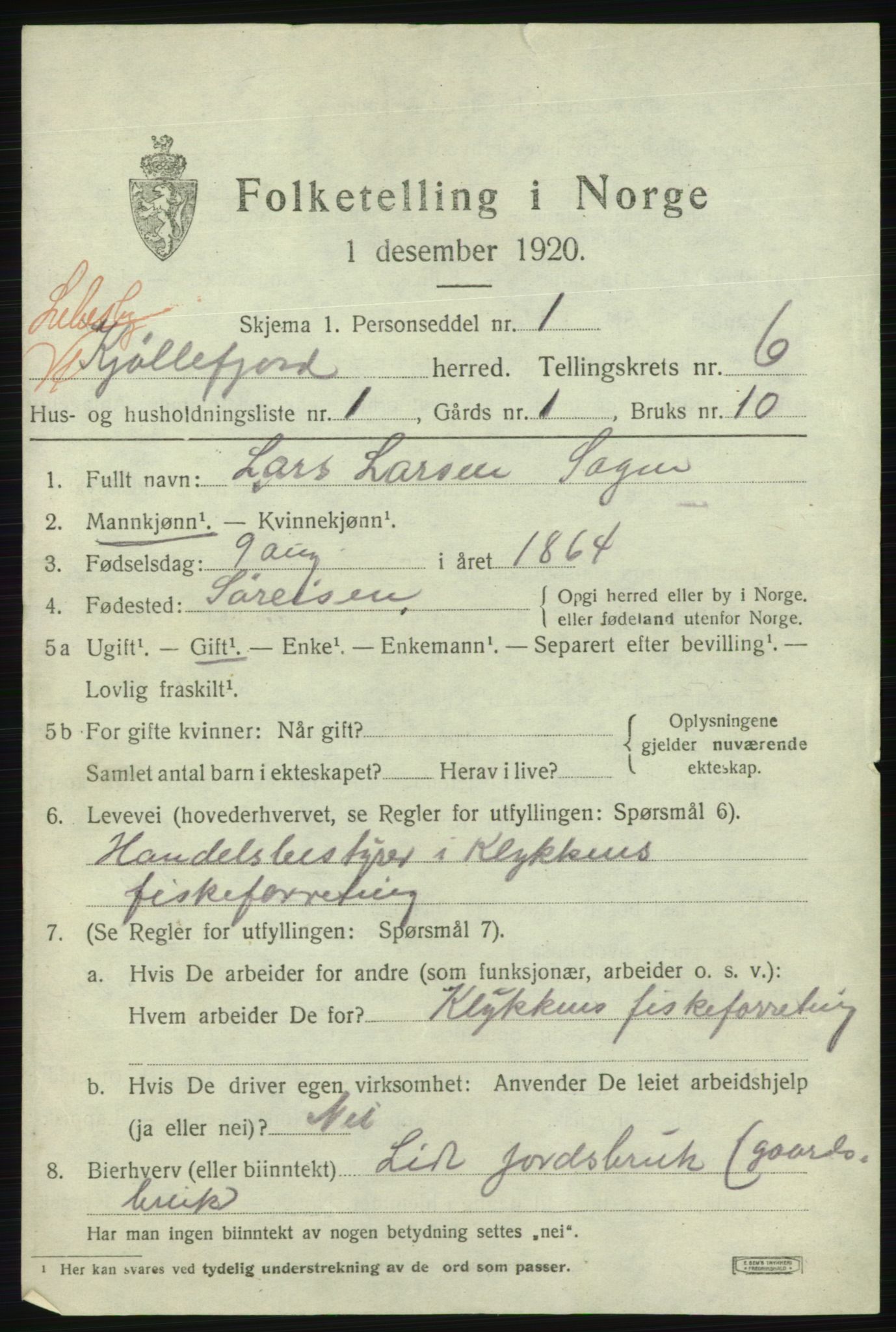 SATØ, 1920 census for Lebesby, 1920, p. 3013