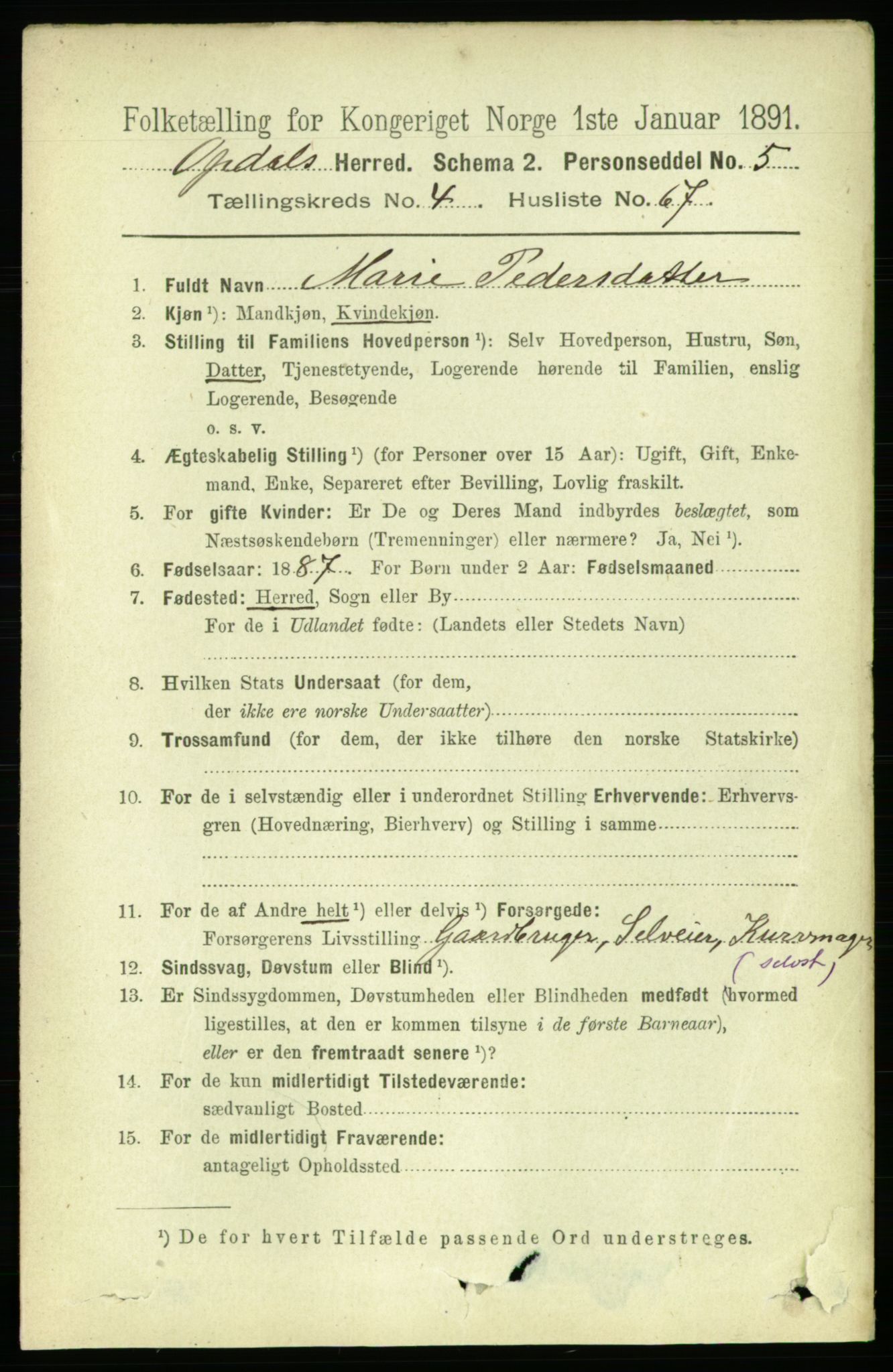 RA, 1891 census for 1634 Oppdal, 1891, p. 2146