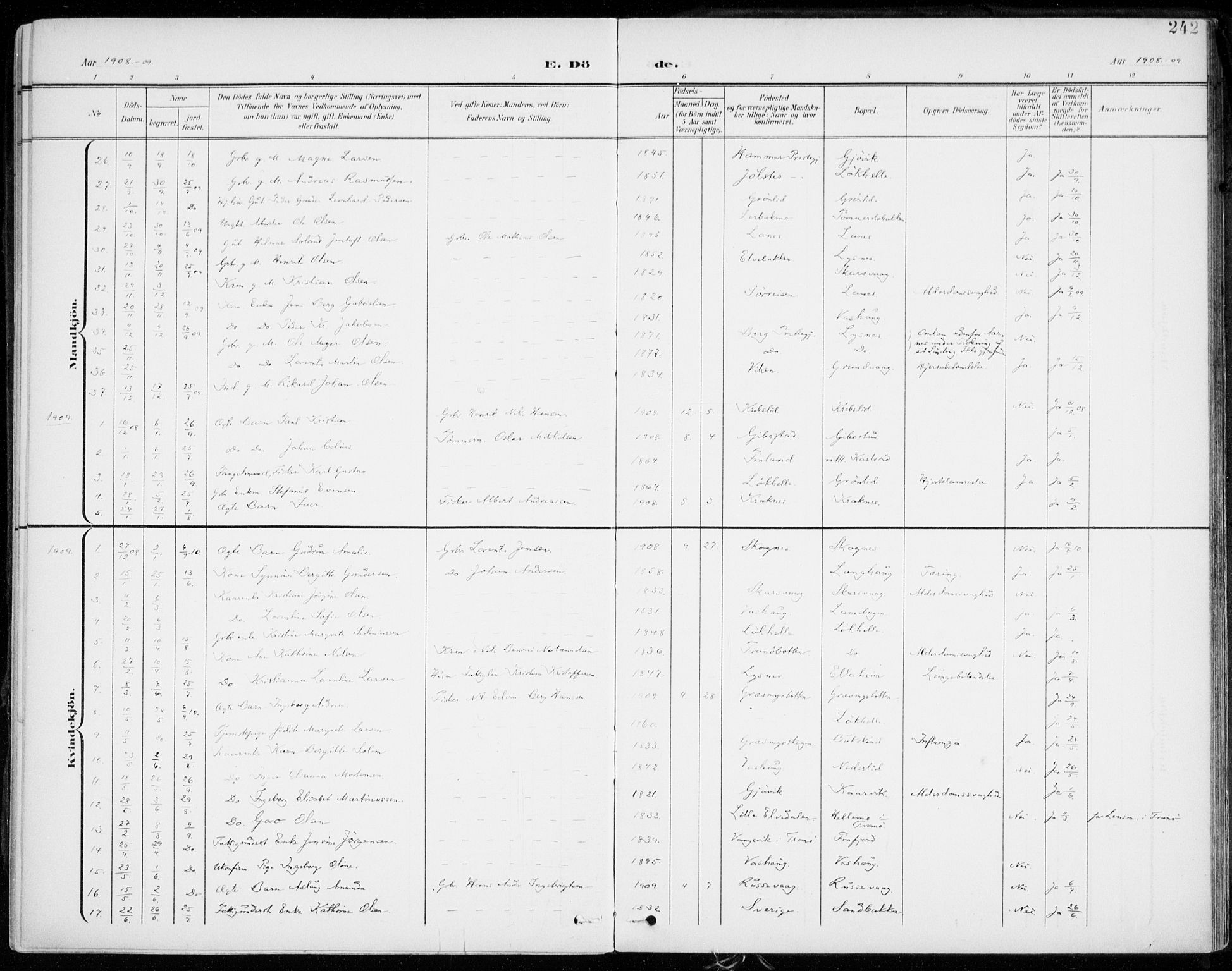 Lenvik sokneprestembete, SATØ/S-1310/H/Ha/Haa/L0014kirke: Parish register (official) no. 14, 1899-1909, p. 242