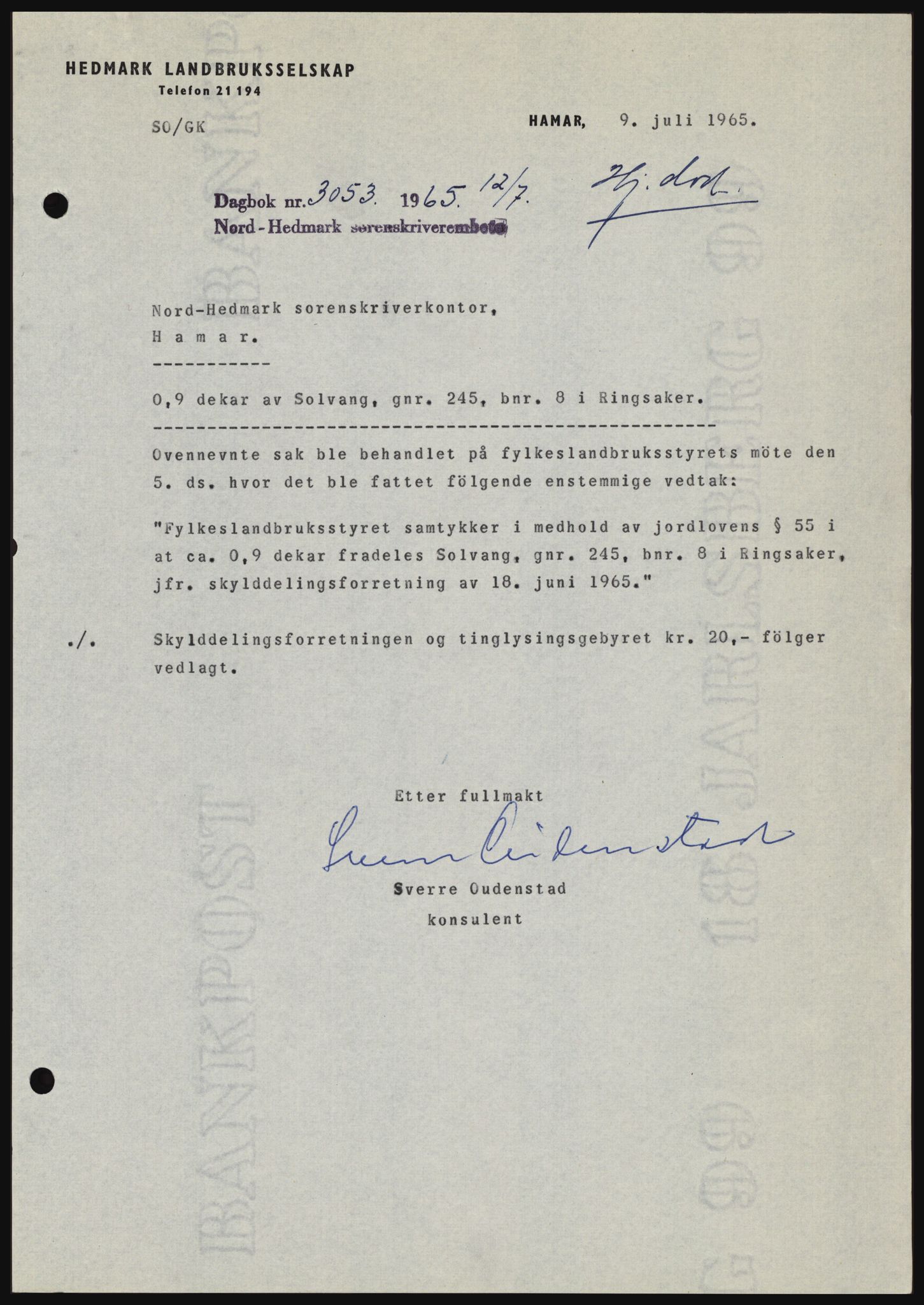 Nord-Hedmark sorenskriveri, SAH/TING-012/H/Hc/L0022: Mortgage book no. 22, 1965-1965, Diary no: : 3053/1965