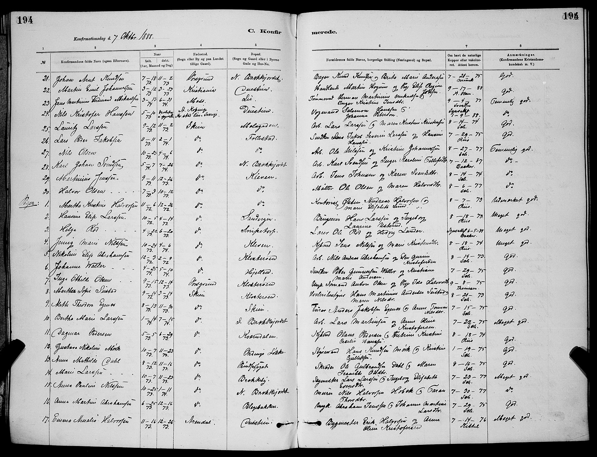 Skien kirkebøker, SAKO/A-302/G/Ga/L0006: Parish register (copy) no. 6, 1881-1890, p. 194