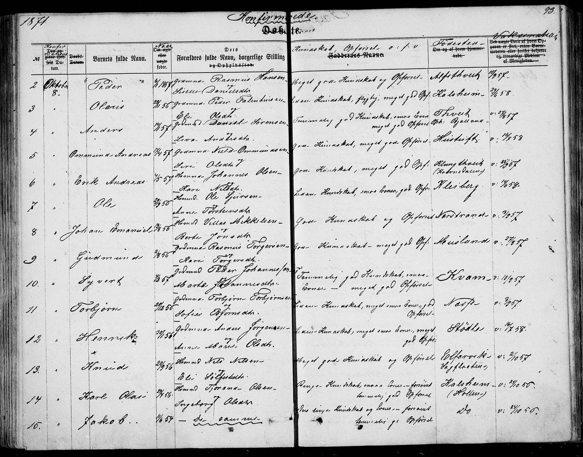 Nedstrand sokneprestkontor, AV/SAST-A-101841/01/IV: Parish register (official) no. A 9, 1861-1876, p. 93