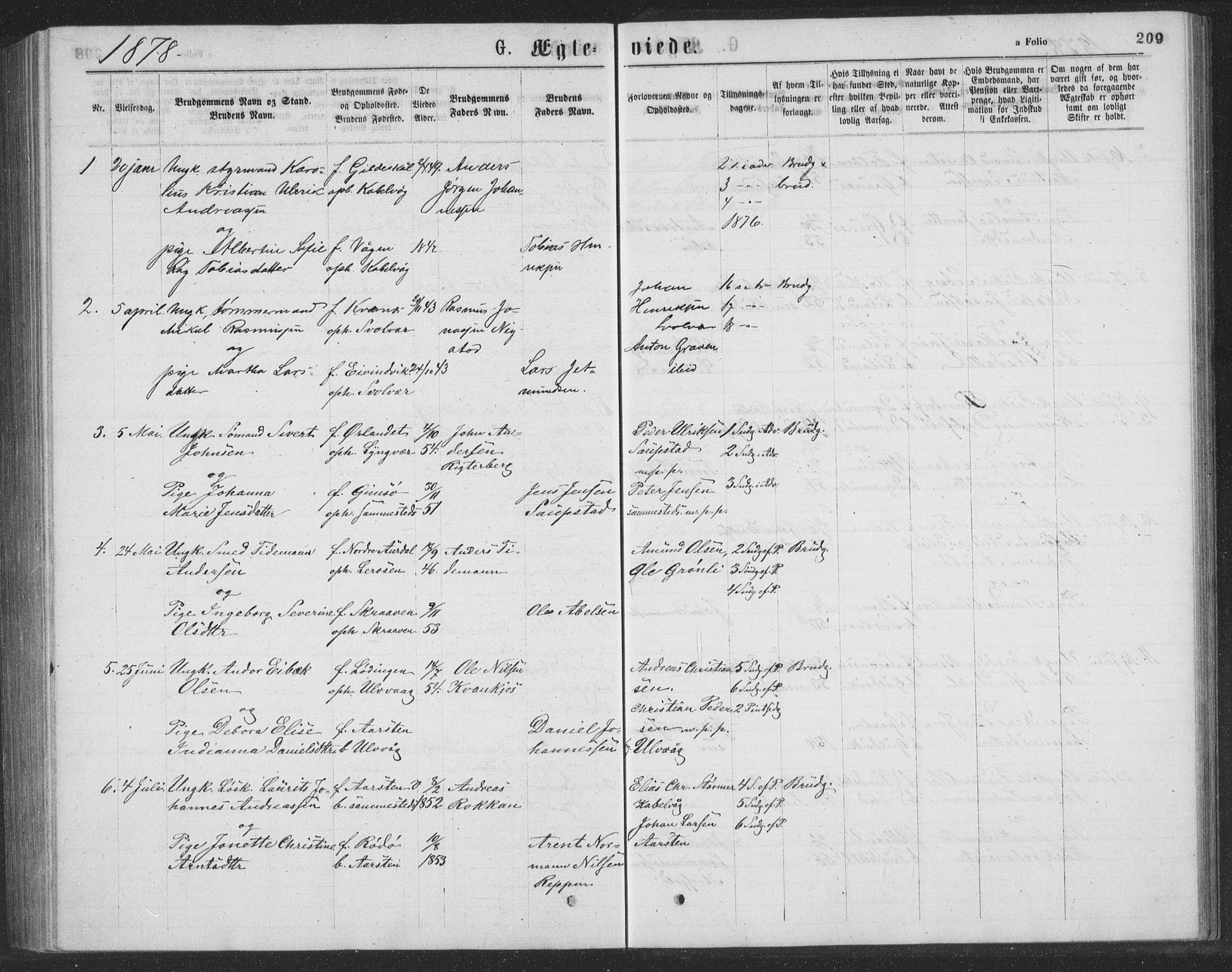 Ministerialprotokoller, klokkerbøker og fødselsregistre - Nordland, AV/SAT-A-1459/874/L1075: Parish register (copy) no. 874C04, 1876-1883, p. 209