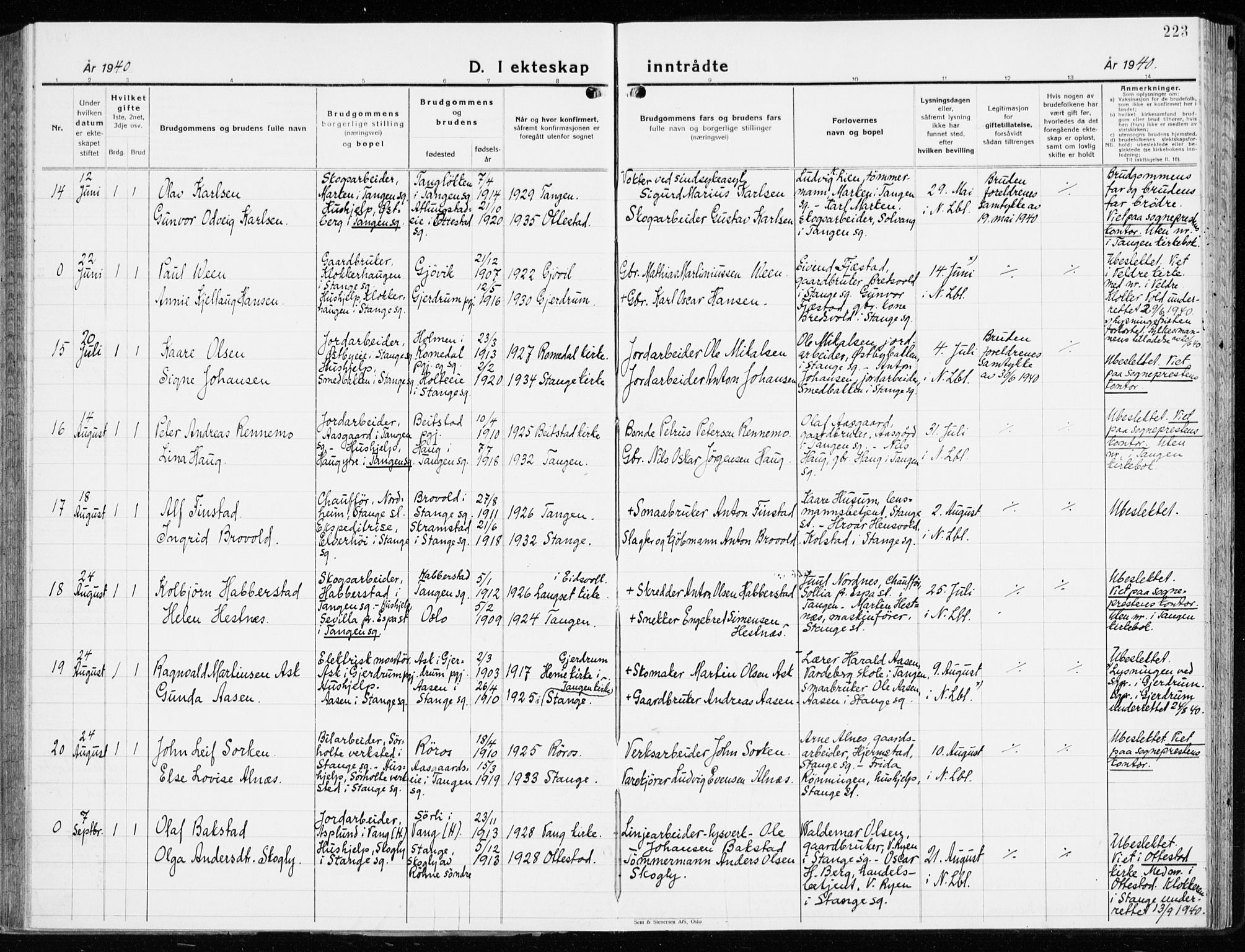 Stange prestekontor, AV/SAH-PREST-002/K/L0027: Parish register (official) no. 27, 1937-1947, p. 223