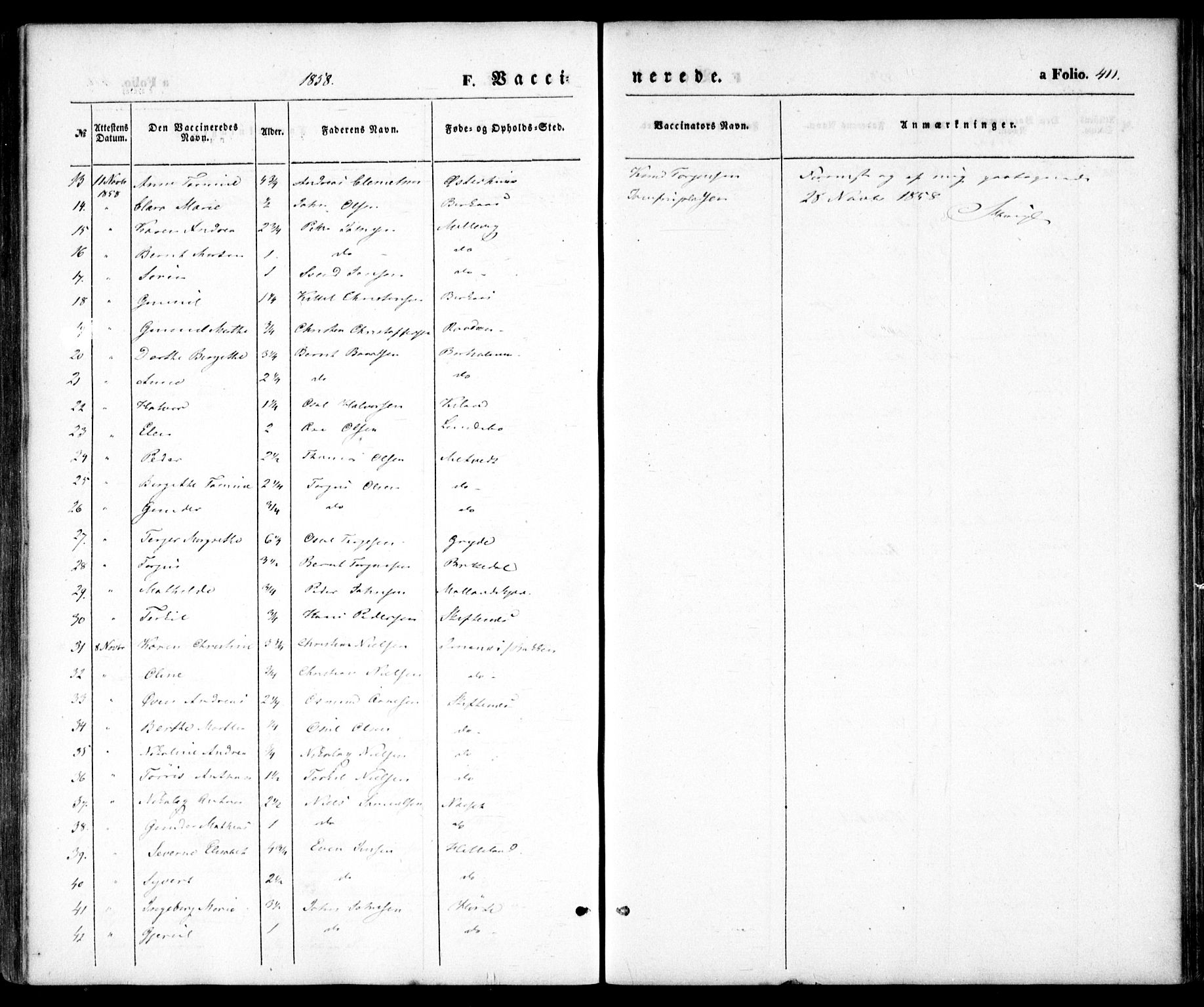 Hommedal sokneprestkontor, SAK/1111-0023/F/Fa/Fab/L0004: Parish register (official) no. A 4, 1848-1860, p. 411