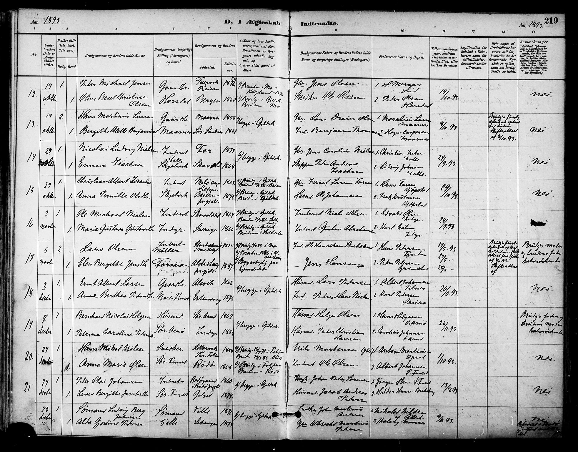 Ministerialprotokoller, klokkerbøker og fødselsregistre - Nordland, AV/SAT-A-1459/805/L0101: Parish register (official) no. 805A07, 1892-1899, p. 219