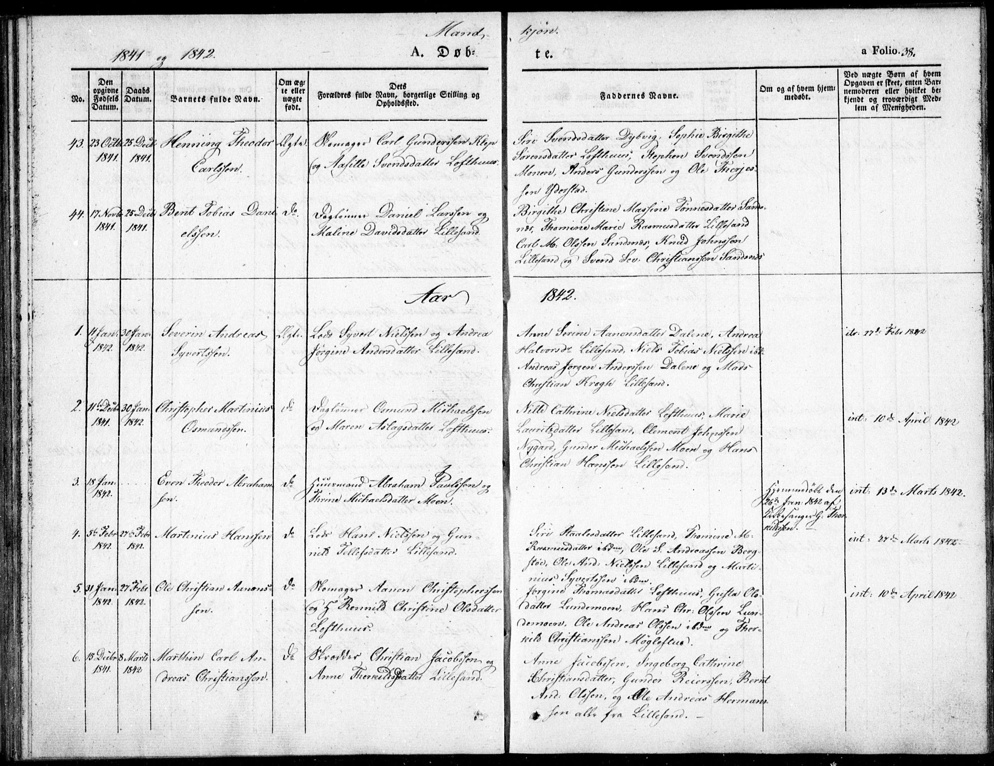 Vestre Moland sokneprestkontor, AV/SAK-1111-0046/F/Fb/Fbb/L0002: Parish register (copy) no. B 2, 1836-1851, p. 38