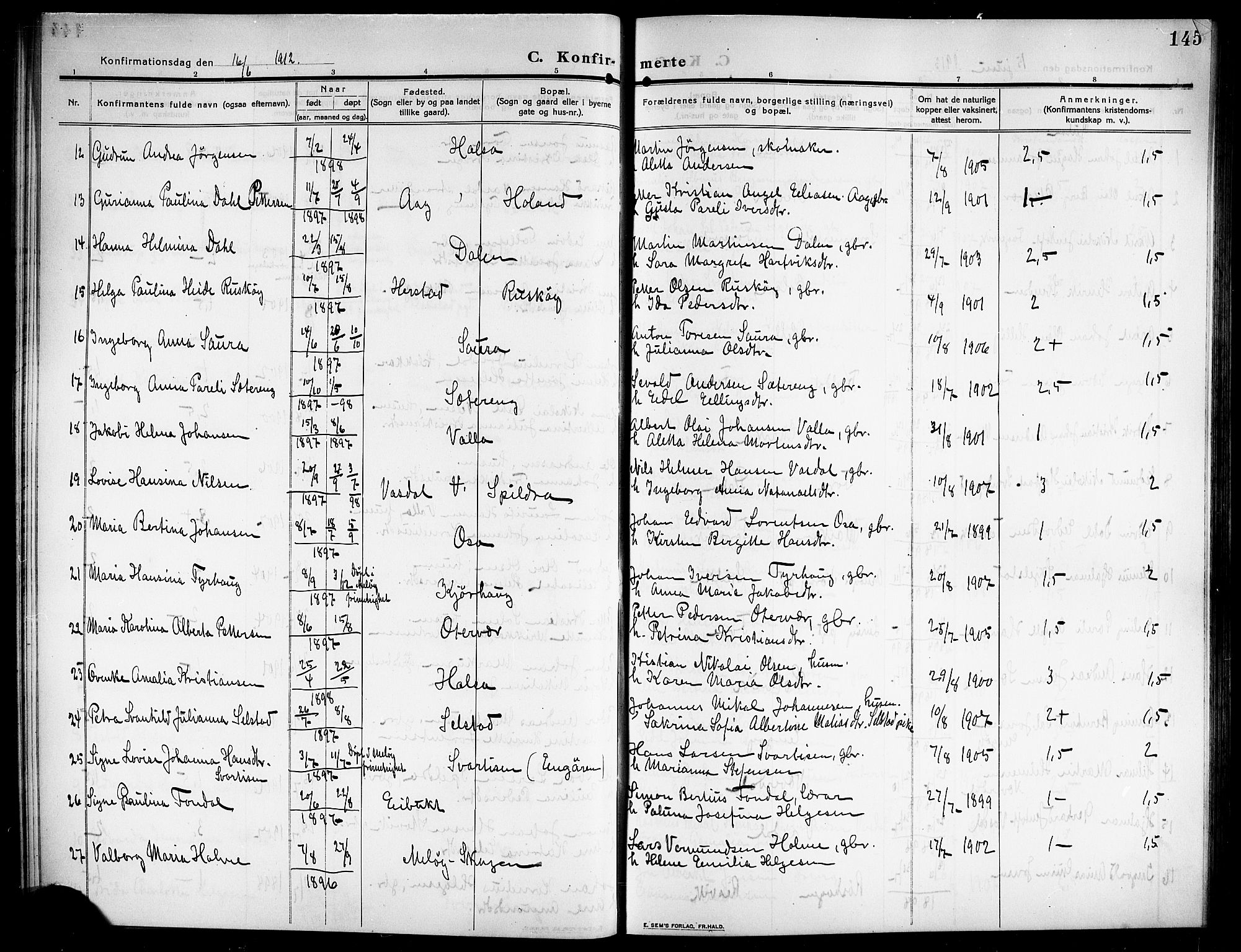 Ministerialprotokoller, klokkerbøker og fødselsregistre - Nordland, AV/SAT-A-1459/843/L0639: Parish register (copy) no. 843C08, 1908-1924, p. 145