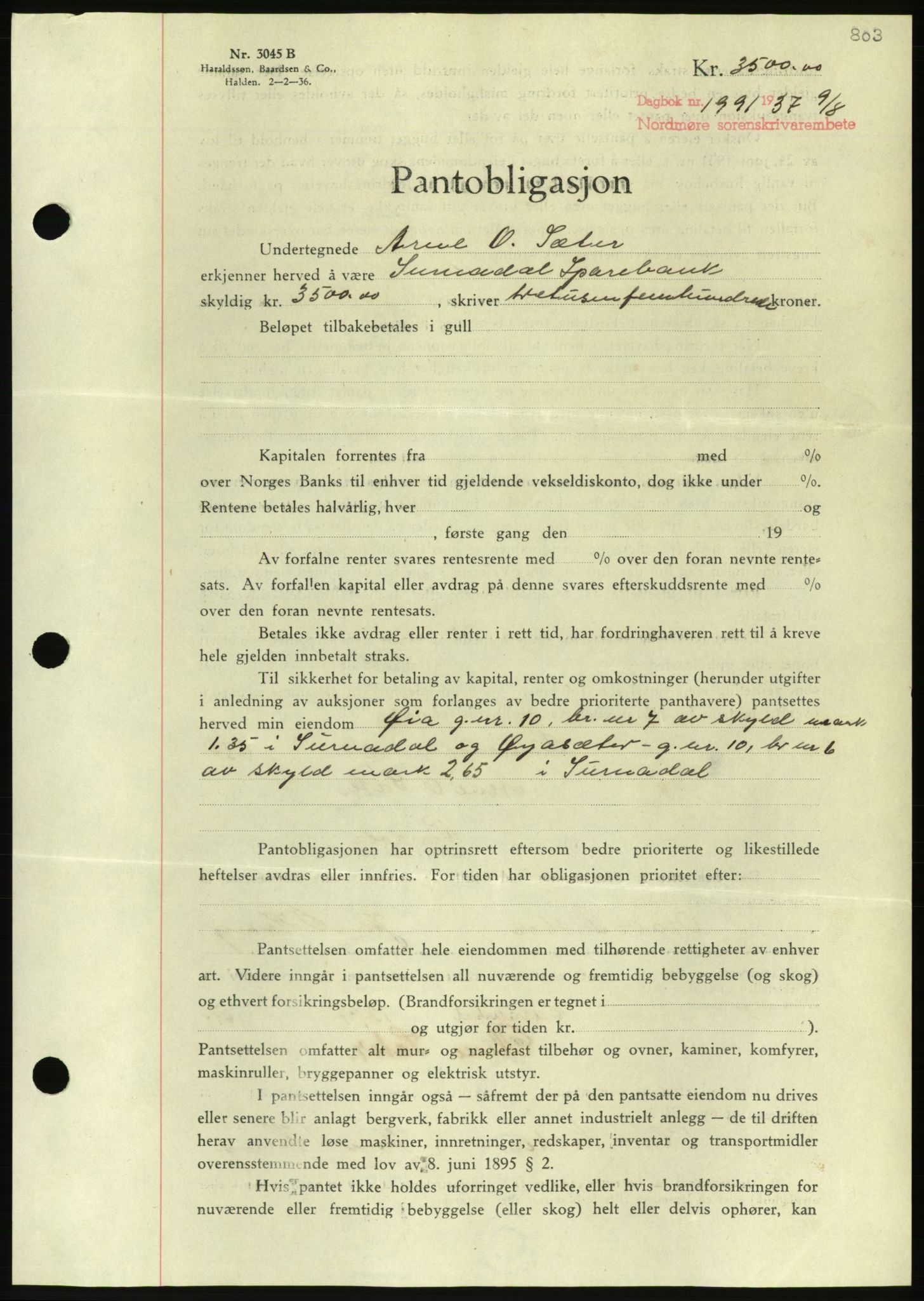 Nordmøre sorenskriveri, AV/SAT-A-4132/1/2/2Ca/L0091: Mortgage book no. B81, 1937-1937, Diary no: : 1991/1937