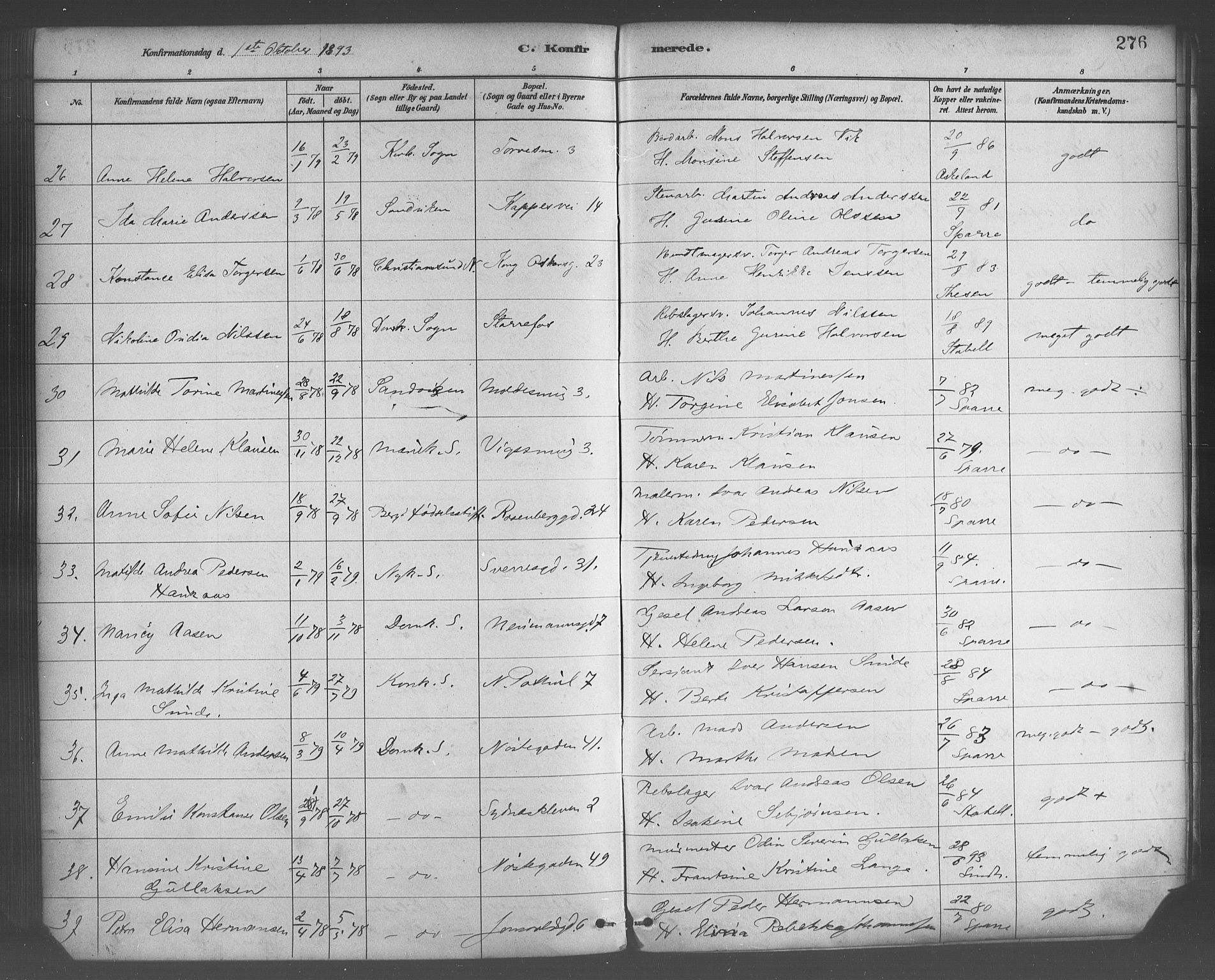 Domkirken sokneprestembete, AV/SAB-A-74801/H/Haa/L0030: Parish register (official) no. C 5, 1880-1898, p. 276
