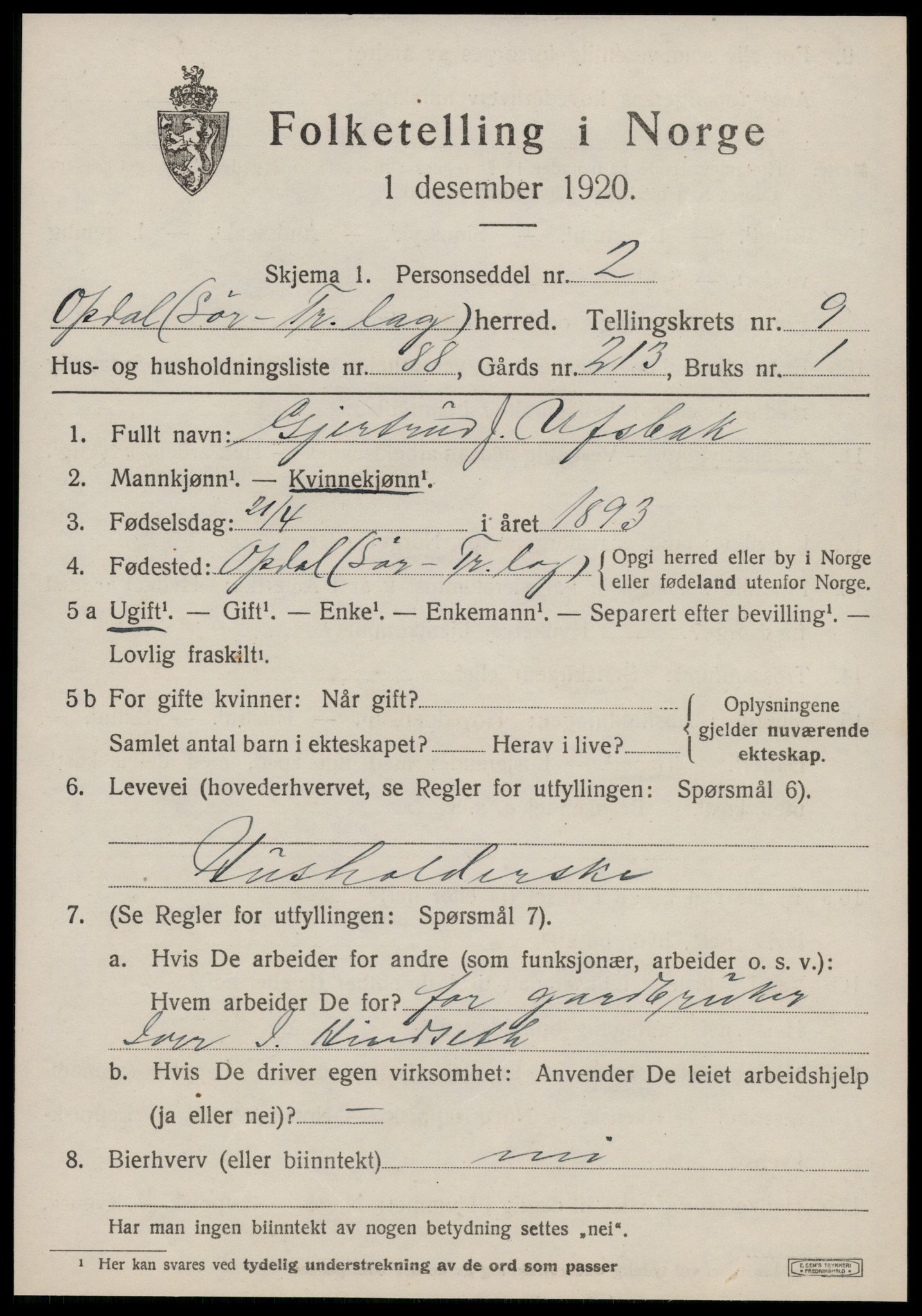 SAT, 1920 census for Oppdal, 1920, p. 8145