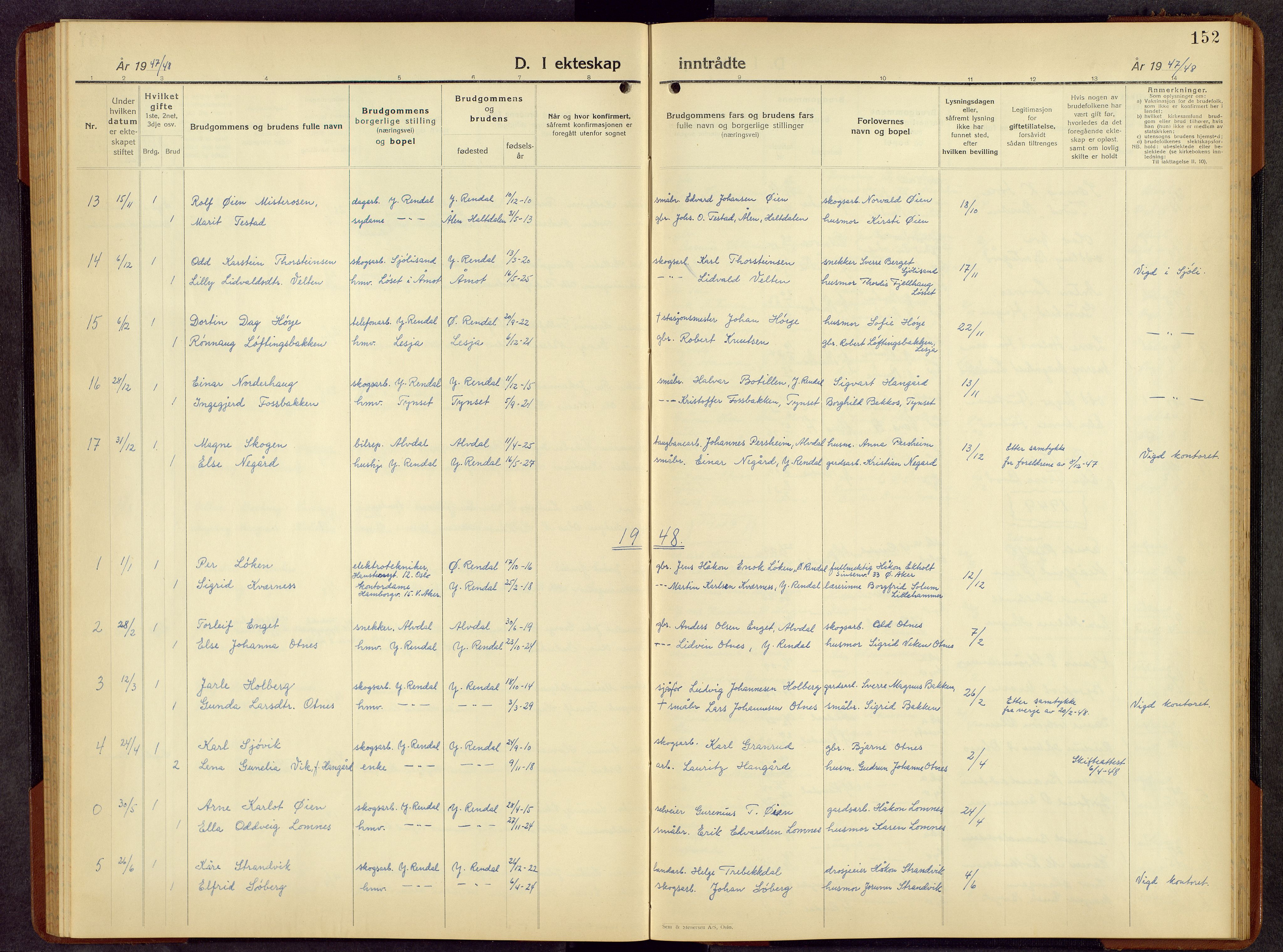 Rendalen prestekontor, SAH/PREST-054/H/Ha/Hab/L0006: Parish register (copy) no. 6, 1941-1958, p. 152