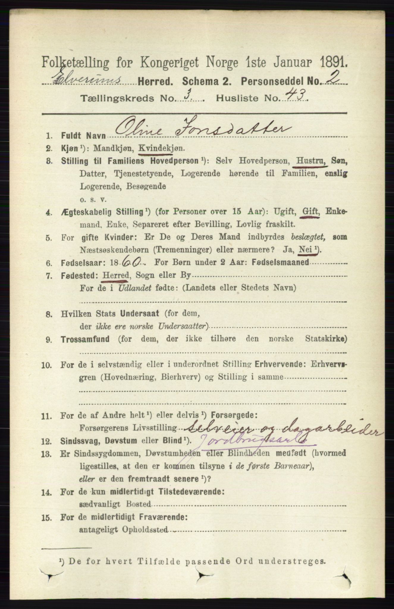 RA, 1891 census for 0427 Elverum, 1891, p. 2116