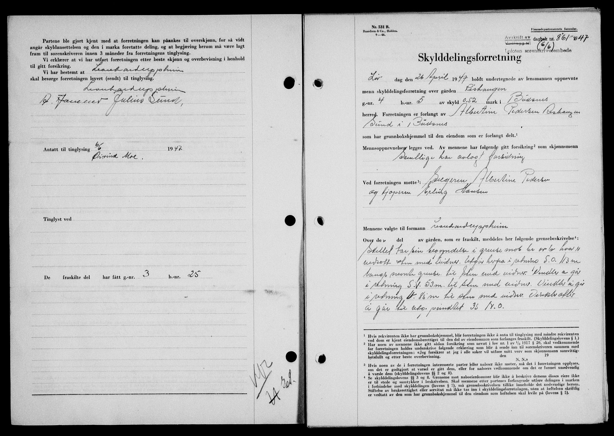 Lofoten sorenskriveri, SAT/A-0017/1/2/2C/L0016a: Mortgage book no. 16a, 1947-1947, Diary no: : 861/1947