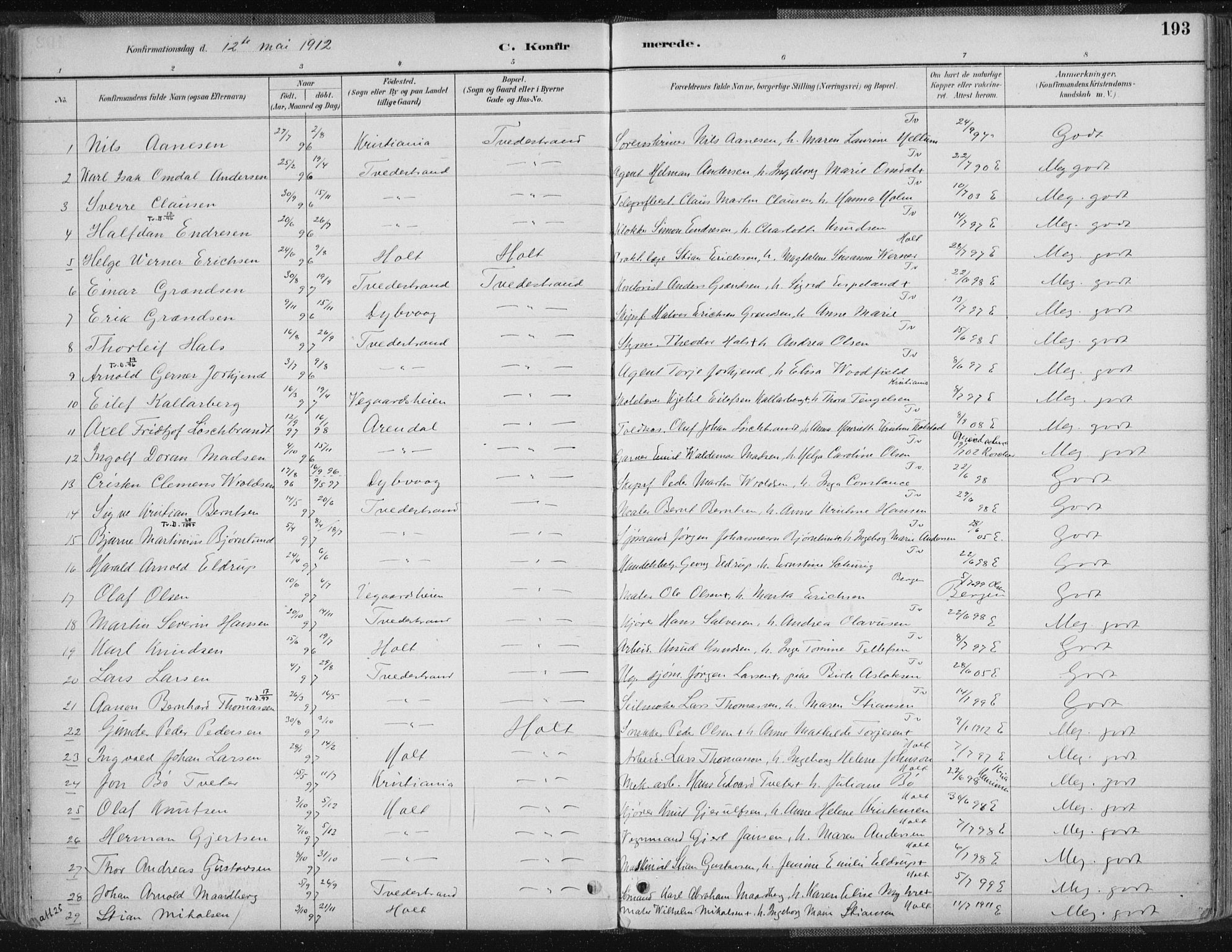 Tvedestrand sokneprestkontor, SAK/1111-0042/F/Fa/L0001: Parish register (official) no. A 1, 1885-1916, p. 193