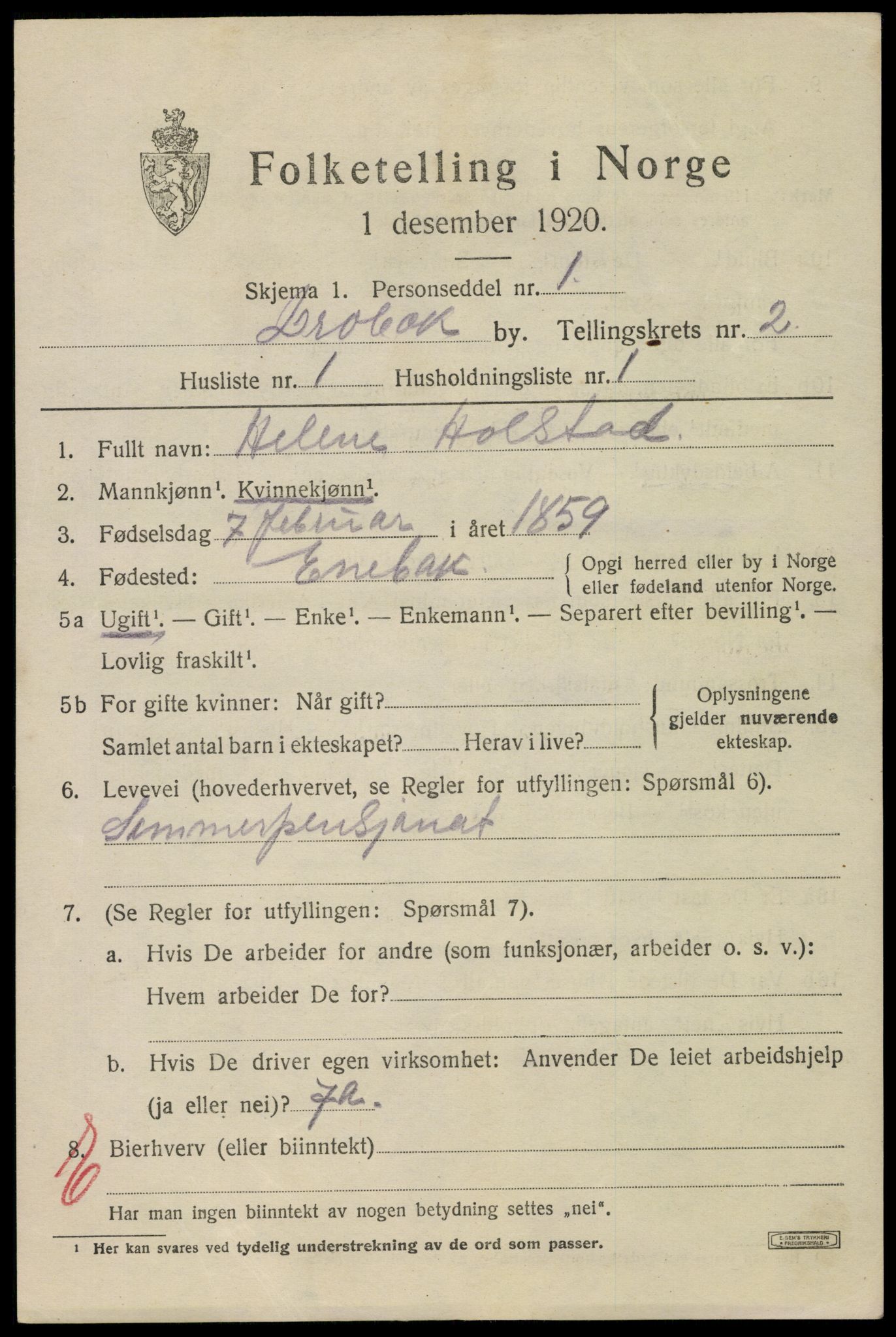 SAO, 1920 census for Drøbak, 1920, p. 2689