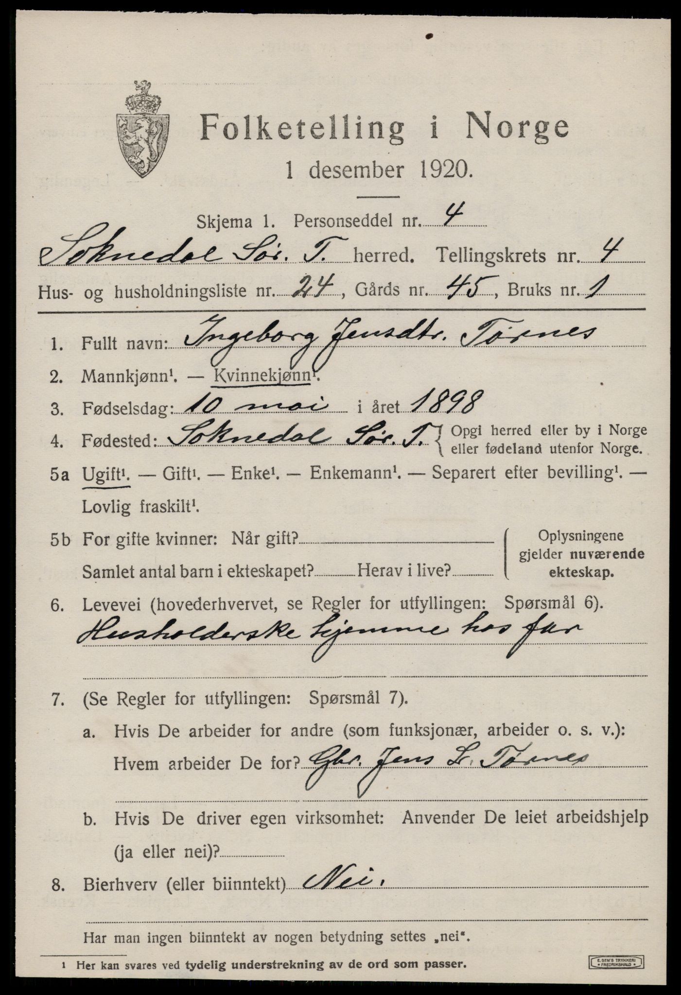 SAT, 1920 census for Soknedal, 1920, p. 2682